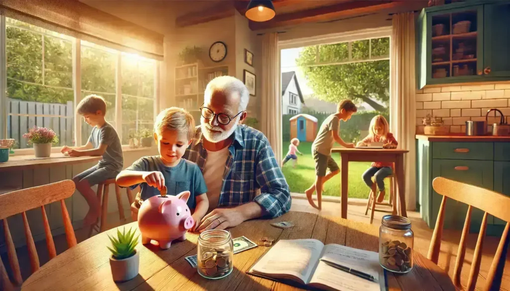 Smart Gifting: A Fayetteville Estate Lawyer's Guide to Supporting Your Grandchildren's Future 6 DALL·E 2025 01 12 06.01.26 A realistic photograph style wide angle image of a loving grandparent spending time with their grandchildren in a cozy and vibrant home. The scene sho