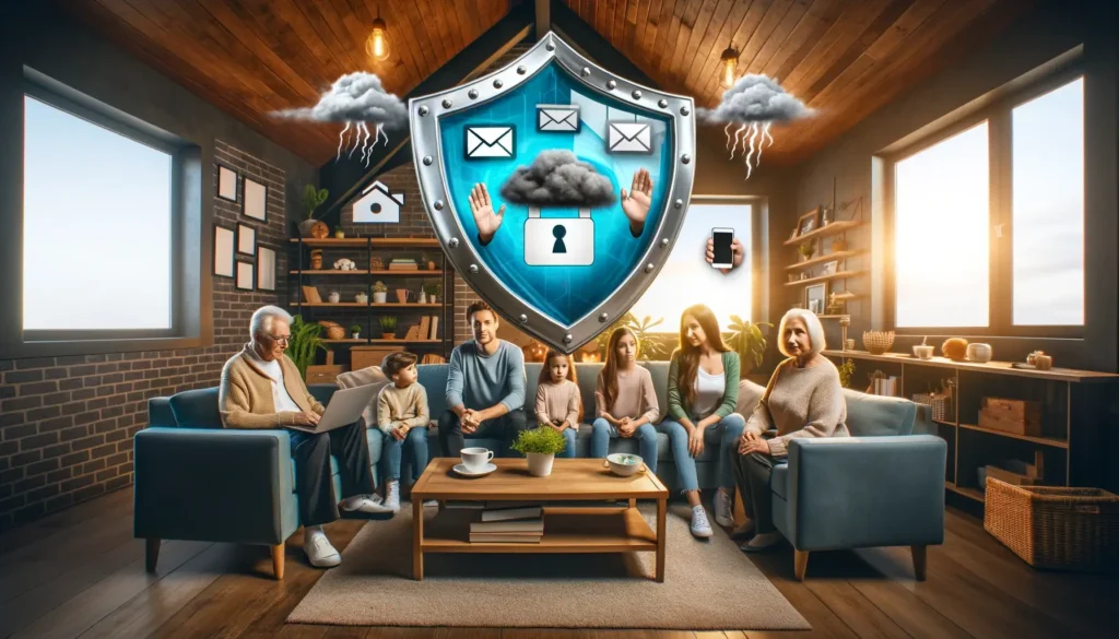 Beware These Estate Scams: A Fayetteville Probate Lawyer's Guide to Protecting Grieving Families 5 DALL·E 2025 01 12 06.05.21 A wide angle illustration showing a family being protected from scams. The image features a metaphorical shield surrounding a multigenerational family