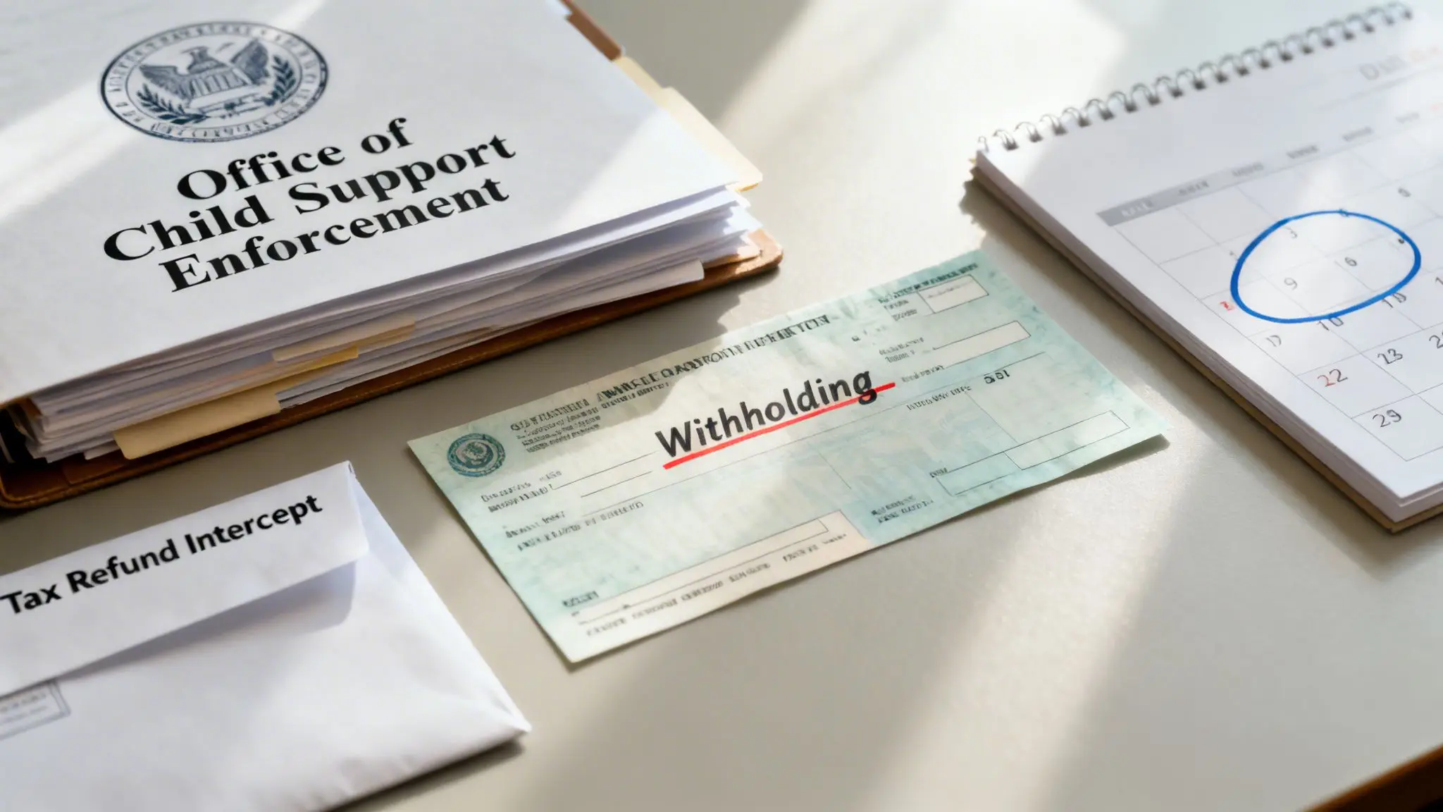A Parent's Guide to Arkansas Child Support Enforcement 2 Documents including Office of Child Support Enforcement folder, Tax Refund Intercept envelope, and Withholding form.