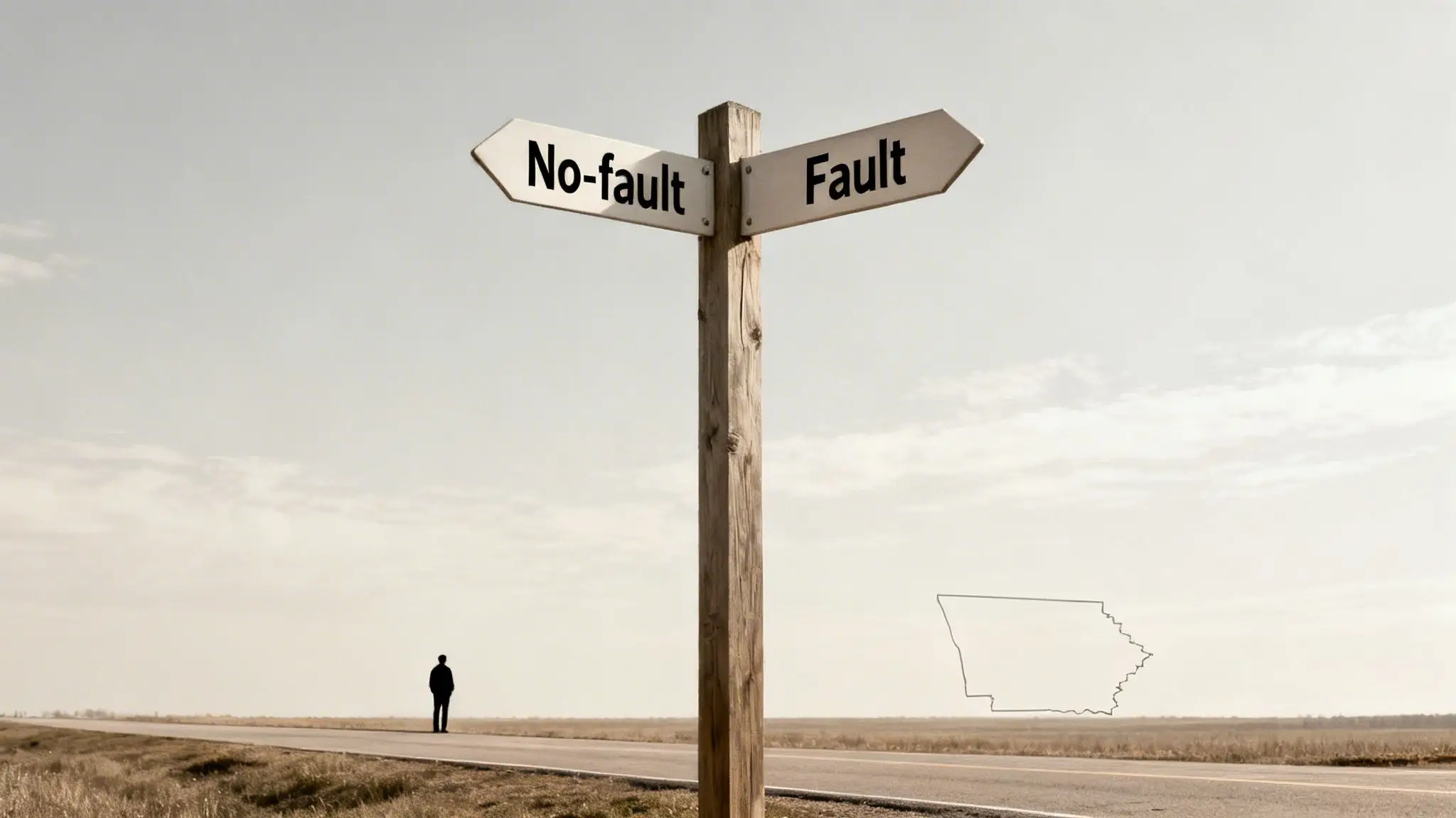 Your Guide to Arkansas Divorce Grounds 1 A person stands at a crossroads with a signpost indicating 'No-fault' and 'Fault' options, with an Arkansas outline.