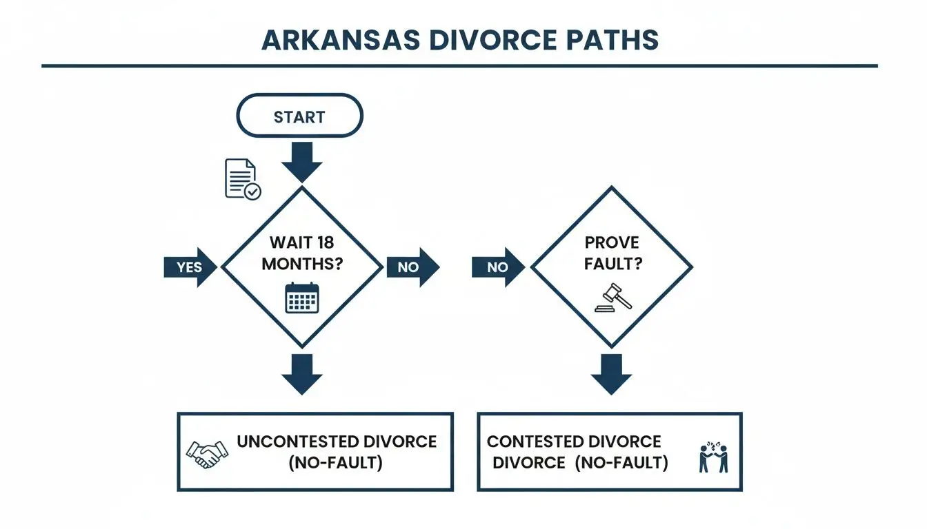 Your Guide to Arkansas Divorce Grounds 3 Flowchart outlining the paths to divorce in Arkansas, showing options for no-fault and fault-based divorce.