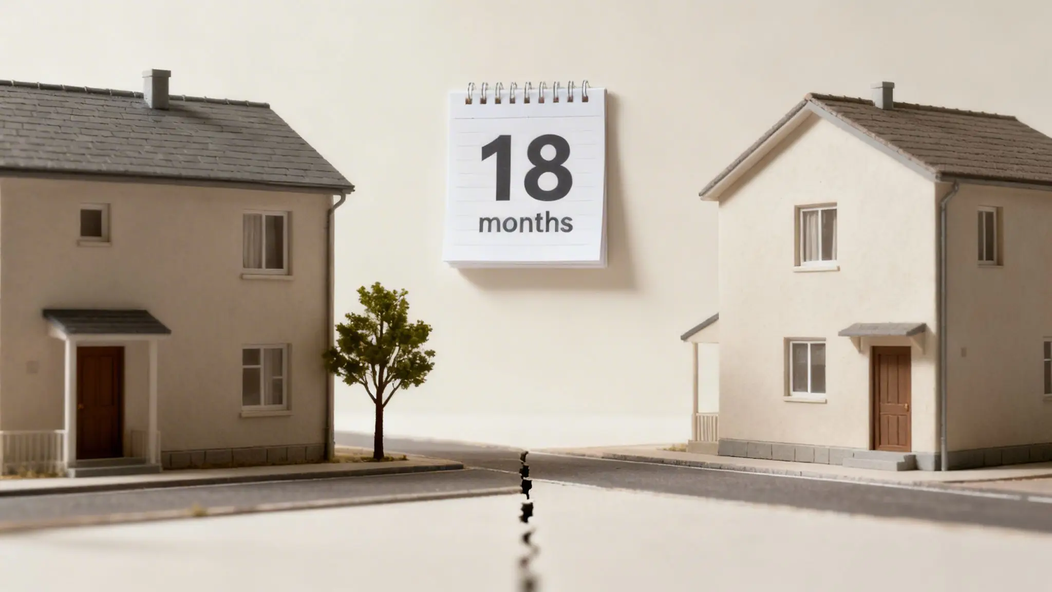 Your Guide to Arkansas Divorce Grounds 2 Miniature houses separated by a cracked road, with '18 months' on a calendar, symbolizing divorce.