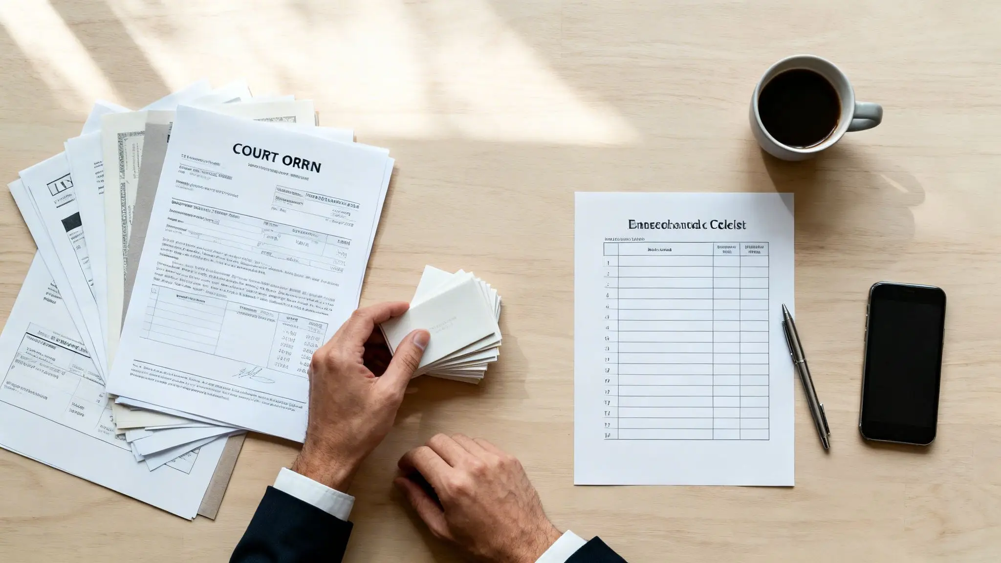 Finding a Divorce and Family Law Attorney Near Me in Northwest Arkansas 2 An overhead view of hands reviewing legal documents on a wooden desk with coffee, phone, and pen.
