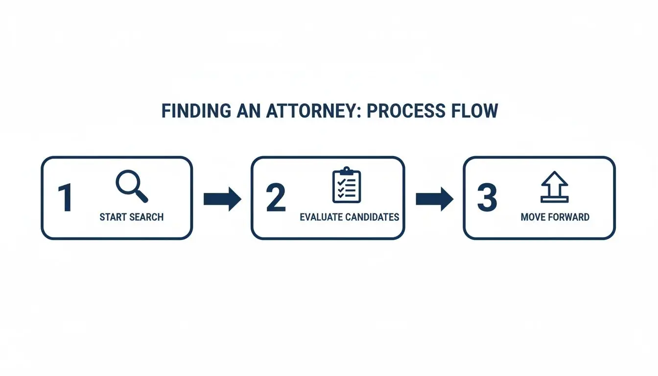 Finding a Divorce and Family Law Attorney Near Me in Northwest Arkansas 1 A 3-step process flow for finding an attorney: start search, evaluate candidates, and move forward.