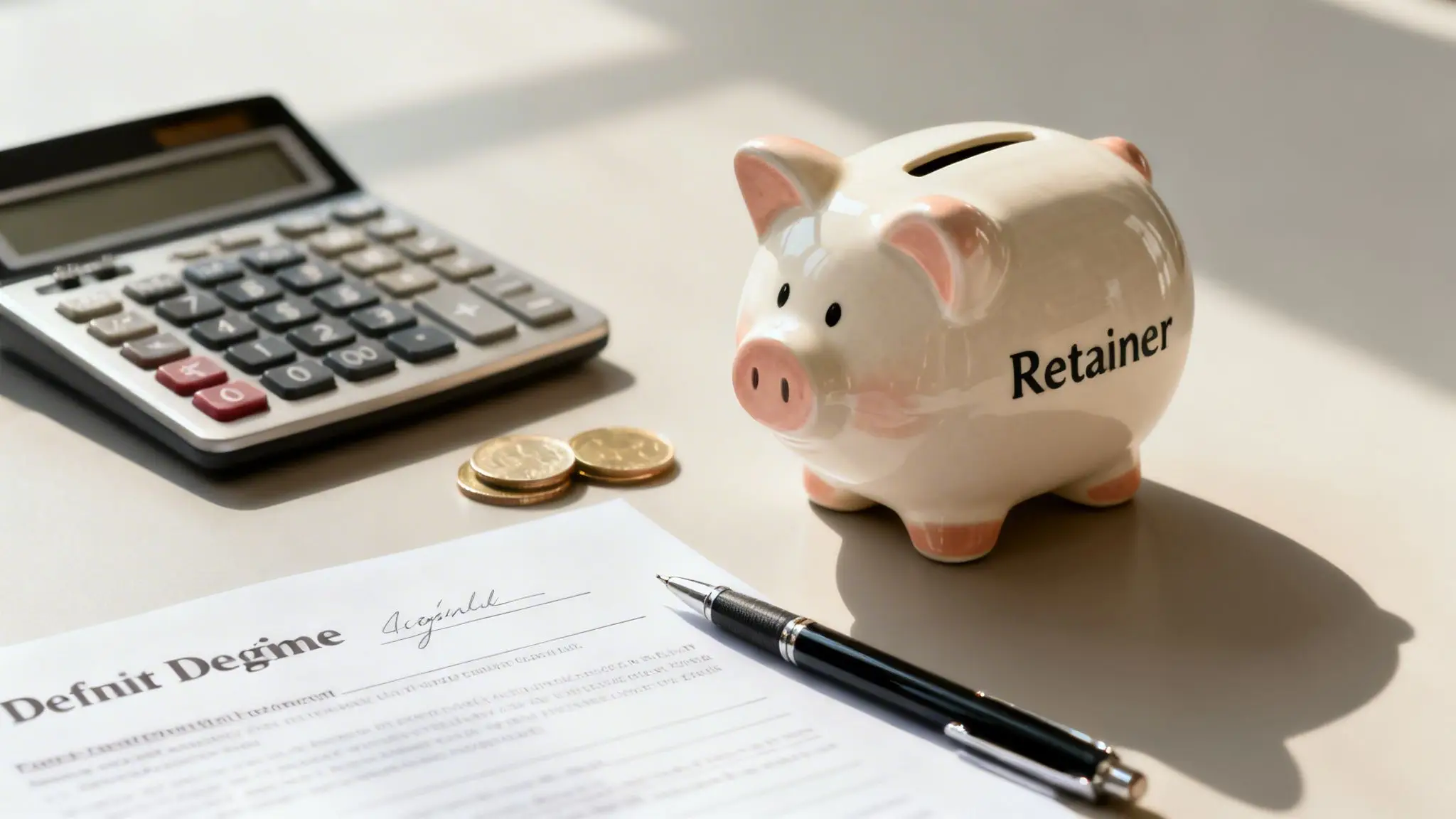 Finding a Divorce and Family Law Attorney Near Me in Northwest Arkansas 3 A piggy bank labeled 'Retainer' sits on a desk next to a calculator, coins, a document, and a pen.