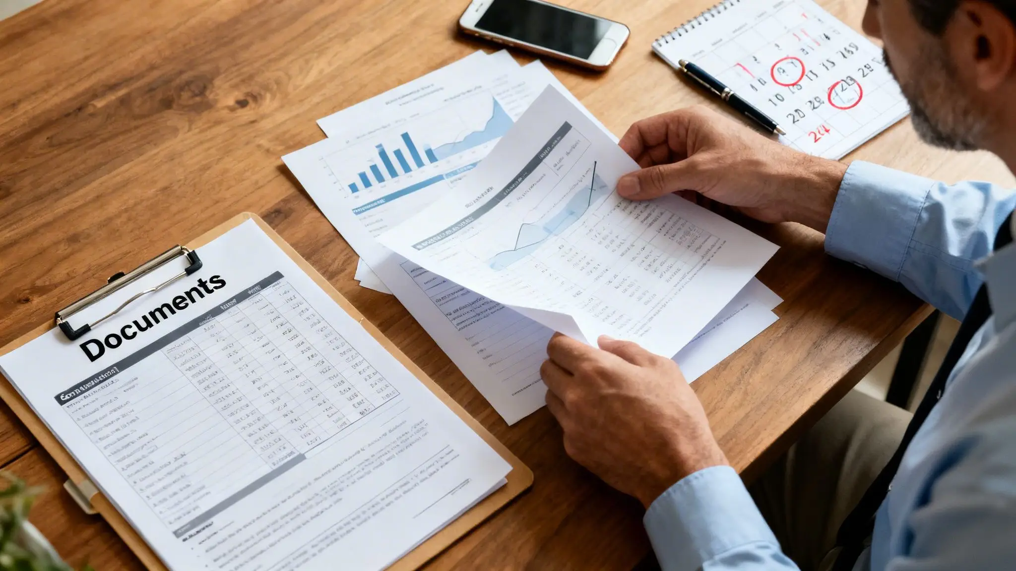 Finding Divorce Attorneys For Men Near Me In Arkansas 3 Overhead view of a person examining business documents with charts, a phone, and a calendar.