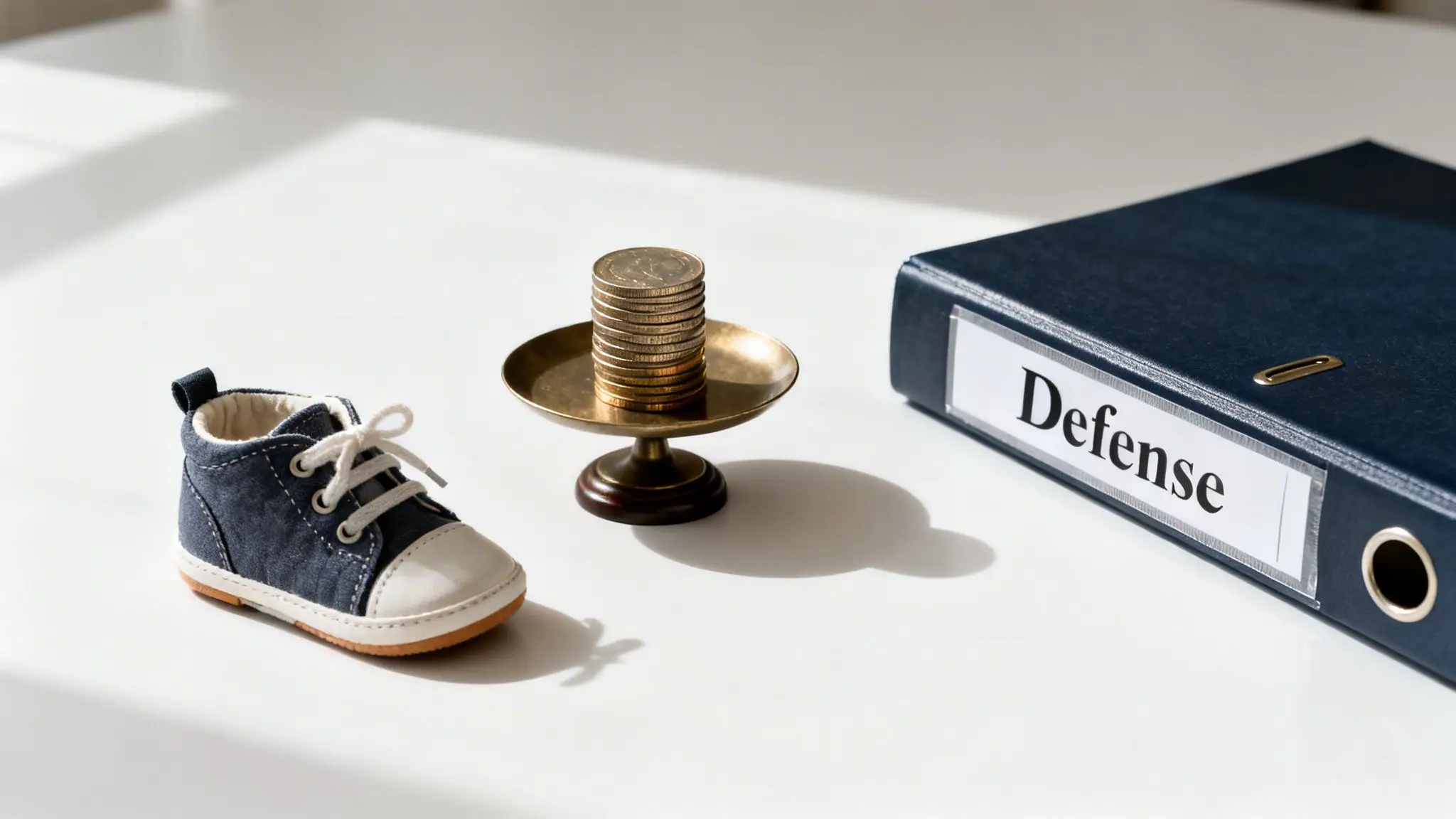 Finding Divorce Attorneys For Men Near Me In Arkansas 4 A baby shoe, a stack of coins on a small scale, and a 'Defense' binder.