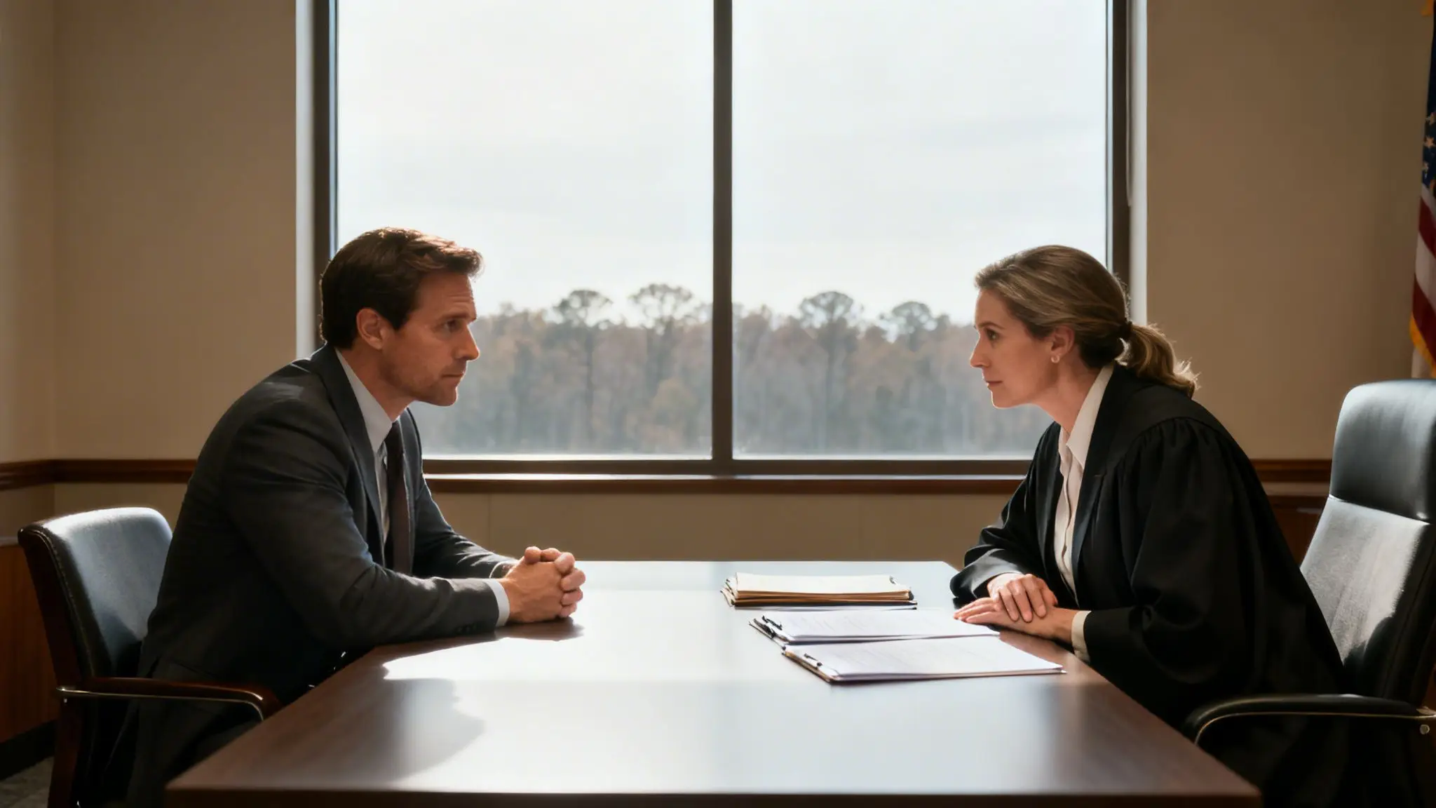 Finding Divorce Attorneys For Men Near Me In Arkansas 1 A man in a suit faces a woman in a judicial robe across a table during a legal meeting.