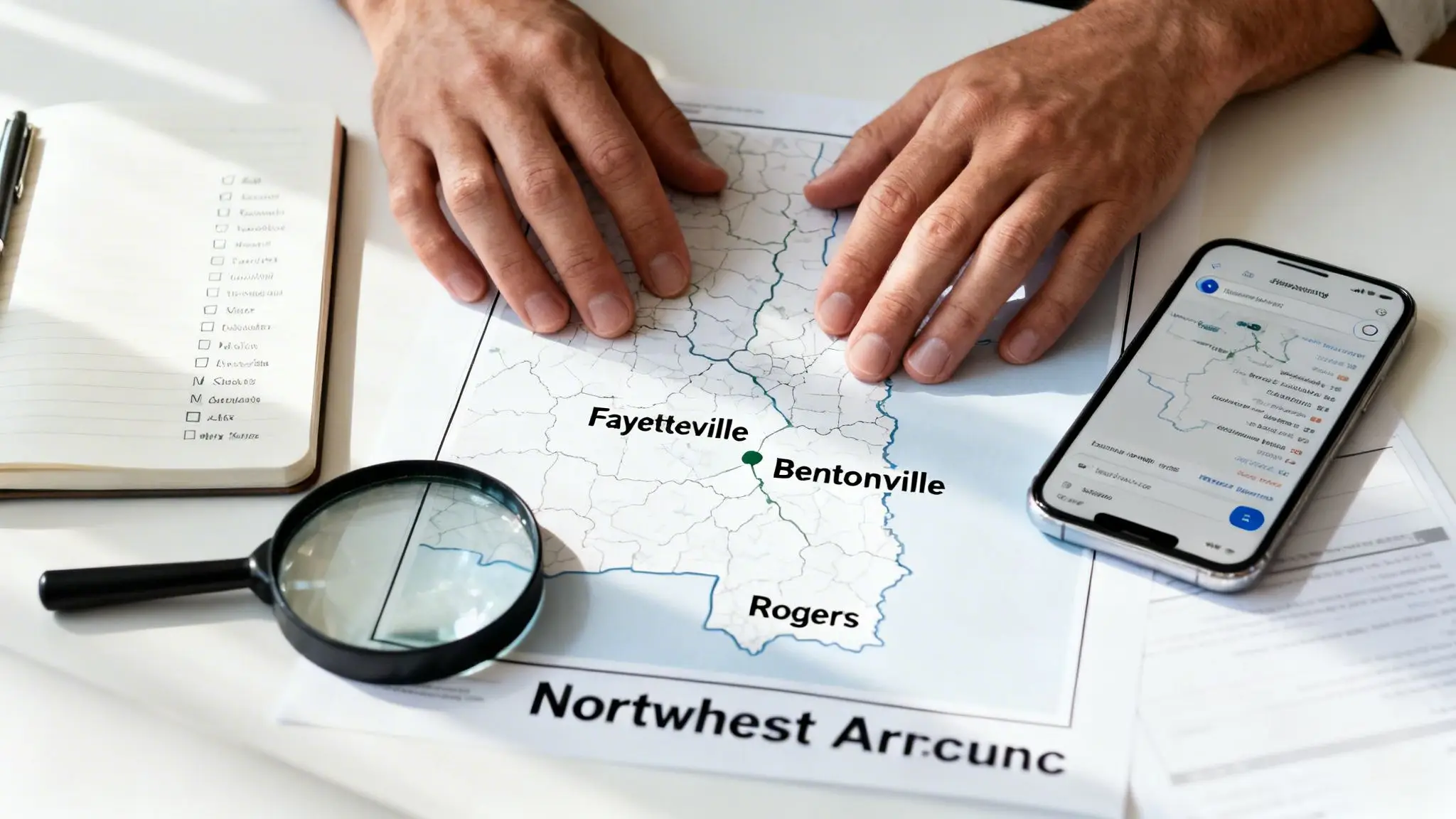 Finding Divorce Attorneys For Men Near Me In Arkansas 2 Overhead view of hands examining a map of Northwest Arkansas with a smartphone, notebook, and magnifying glass.