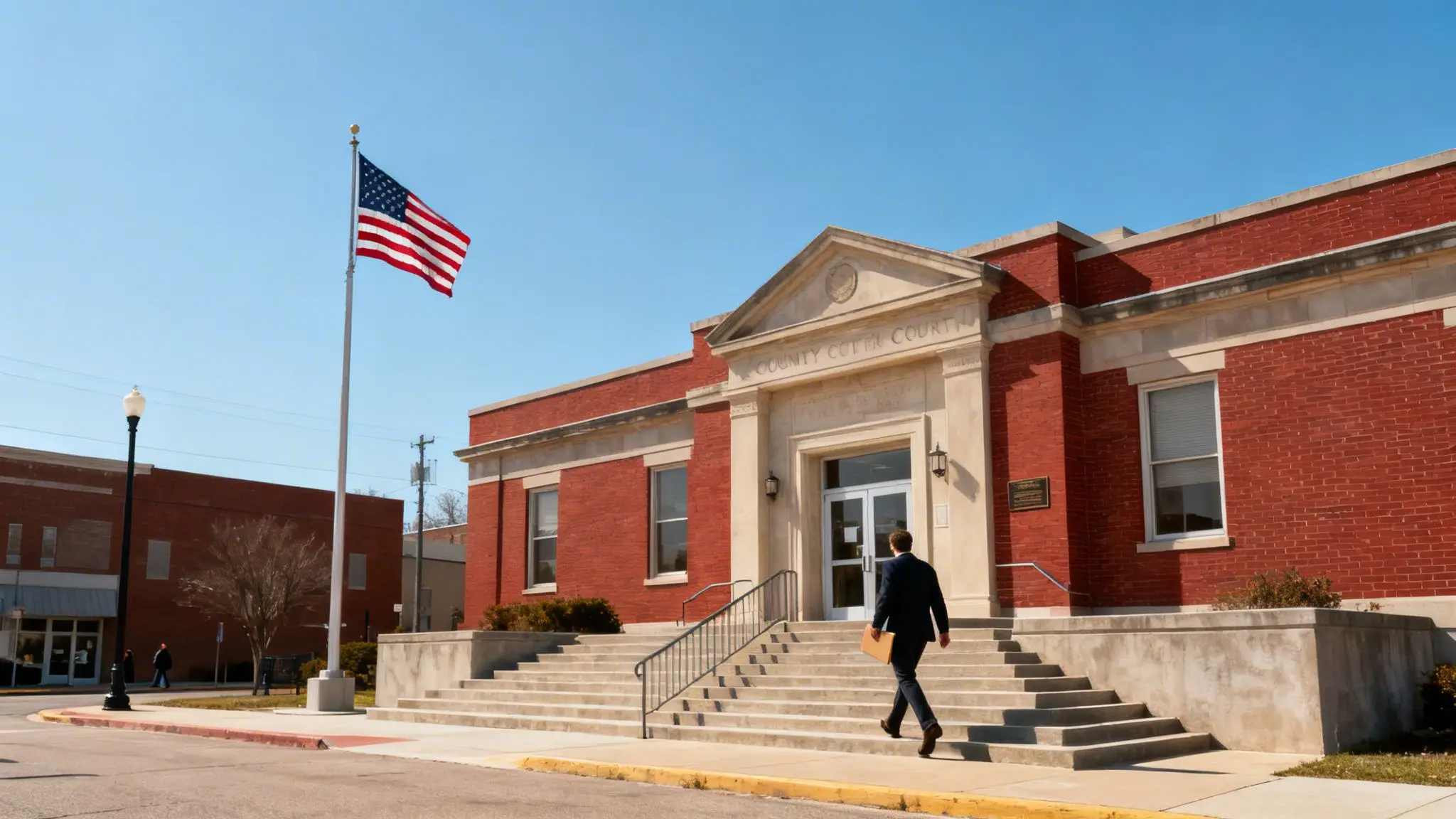 A Guide to Finding Divorce Attorneys in Your Area in Arkansas 4 A man approaches the entrance of a red brick county courthouse with an American flag flying.