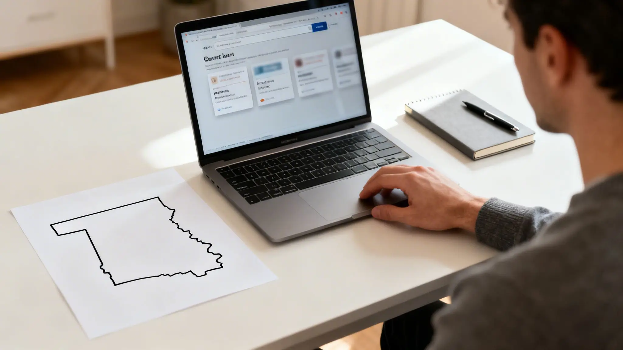 A Guide to Finding Divorce Attorneys in Your Area in Arkansas 2 A person uses a laptop at a bright desk, with a map outline and notebook nearby.
