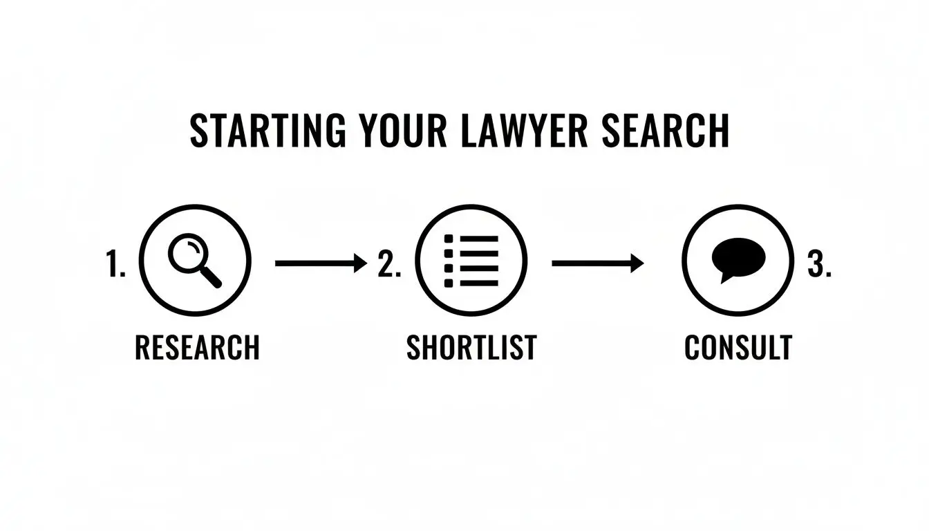 A Guide to Finding Divorce Attorneys in Your Area in Arkansas 1 A three-step process for starting a lawyer search: research, shortlist, and consult with icons.