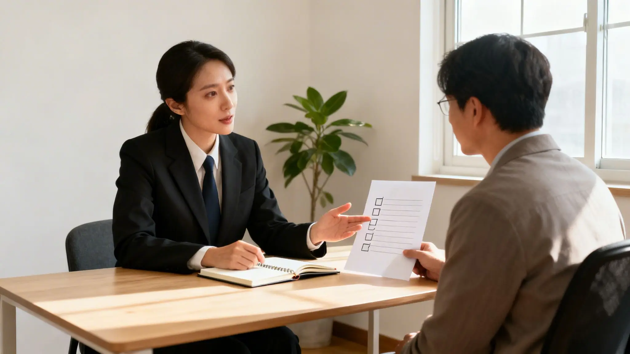 A Guide to Finding Divorce Attorneys in Your Area in Arkansas 3 A professional woman in a suit discusses a document with a man in an office setting.