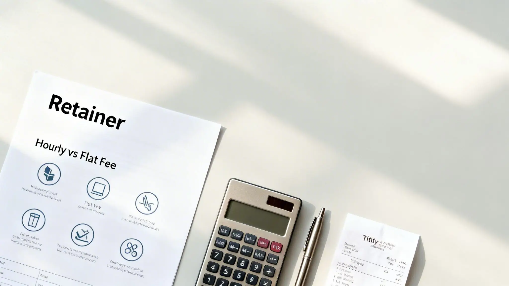 How to Find a Divorce Lawyer Near You in Northwest Arkansas 3 A document titled 'Retainer: Hourly vs Flat Fee', a calculator, pen, and receipt on a white desk, suggesting financial planning.