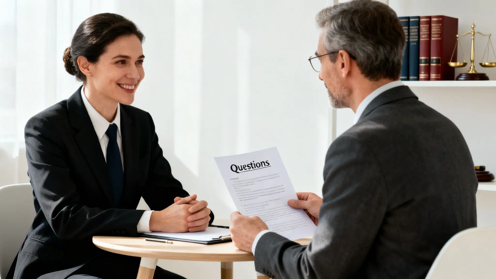 How to Find a Divorce Lawyer Near You in Northwest Arkansas 2 A smiling woman meets with a lawyer holding a 'Questions' document in an office.