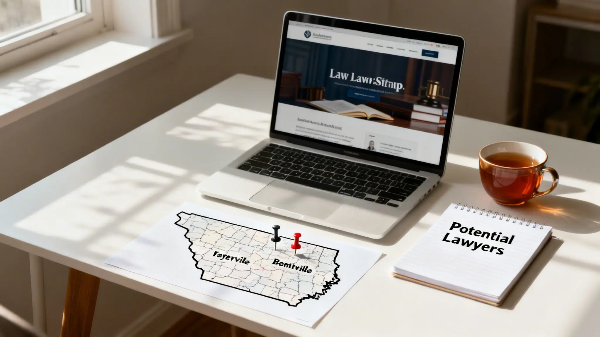 How to Find a Divorce Lawyer Near You in Northwest Arkansas 1 Workspace with laptop displaying a law website, a map with pins, and a 'Potential Lawyers' notebook.