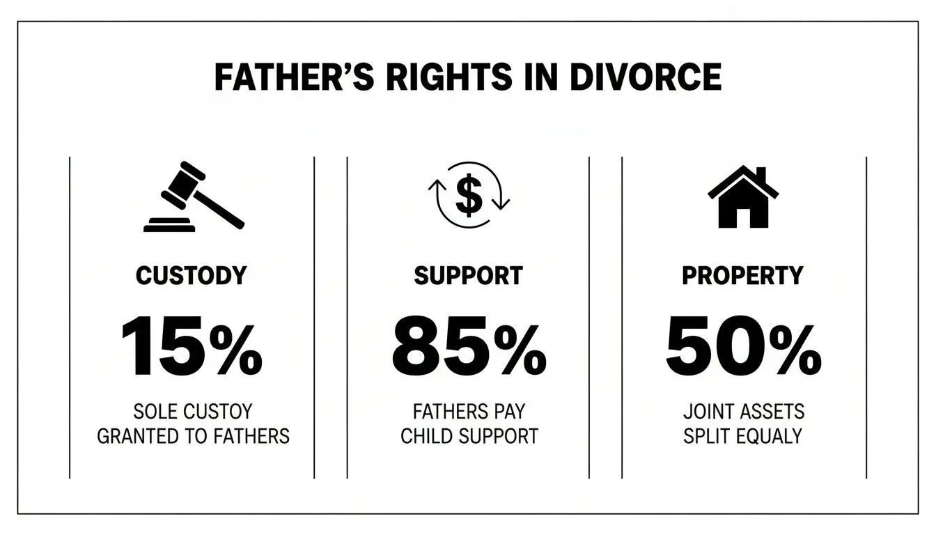 Why Arkansas Dads Need Divorce Lawyers for Dads 2 Infographic on father's rights in divorce, showing percentages for custody, child support, and property.