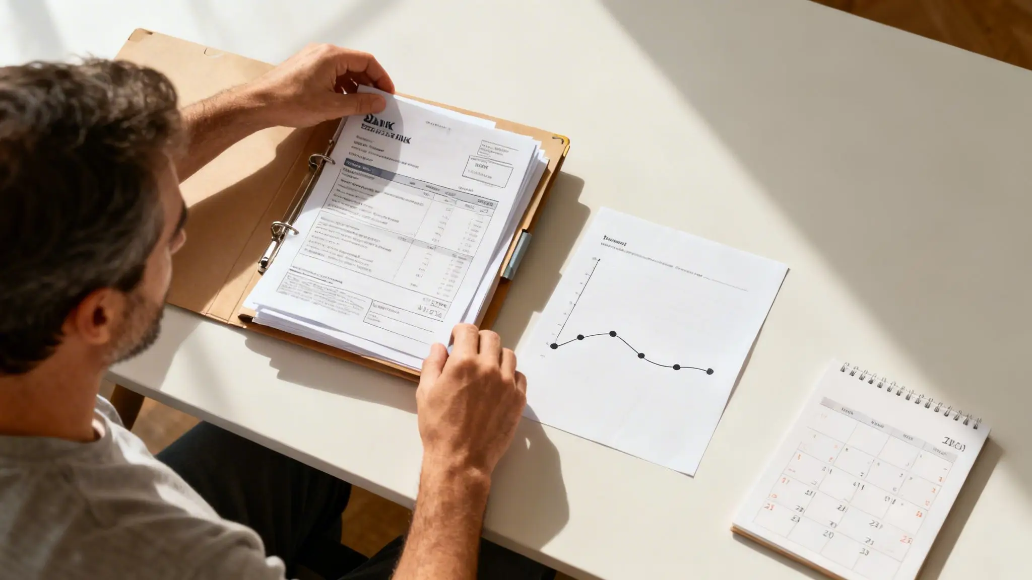 Why Arkansas Dads Need Divorce Lawyers for Dads 4 Overhead view of a person reviewing documents in a binder, with a graph and calendar on a light desk.