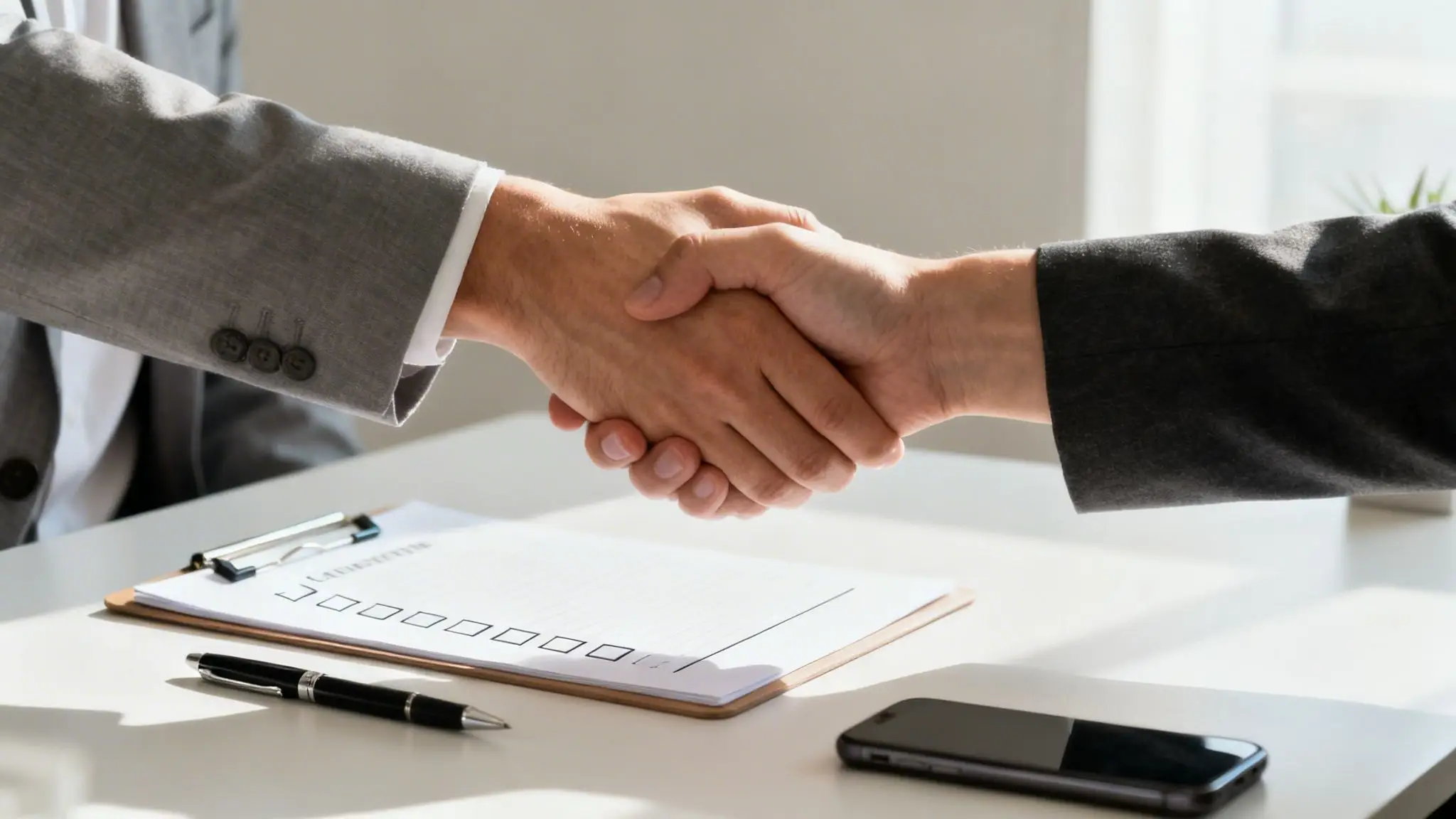 Why Arkansas Dads Need Divorce Lawyers for Dads 3 Two individuals in suits shaking hands over a desk with paperwork, symbolizing an agreement or partnership.