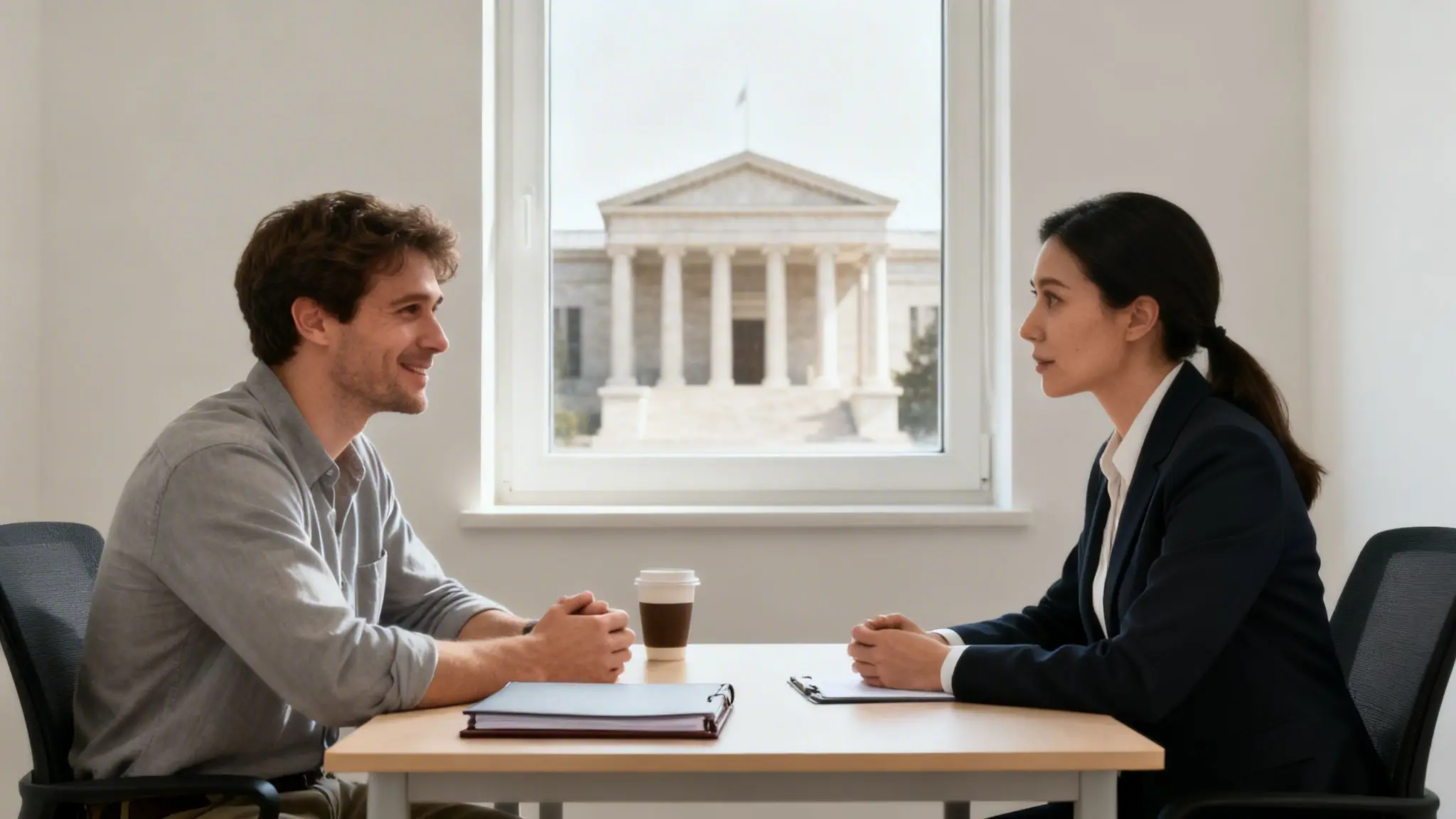 Why Arkansas Dads Need Divorce Lawyers for Dads 1 Two people, a man and a woman, sit at a table in an office, possibly discussing legal matters.