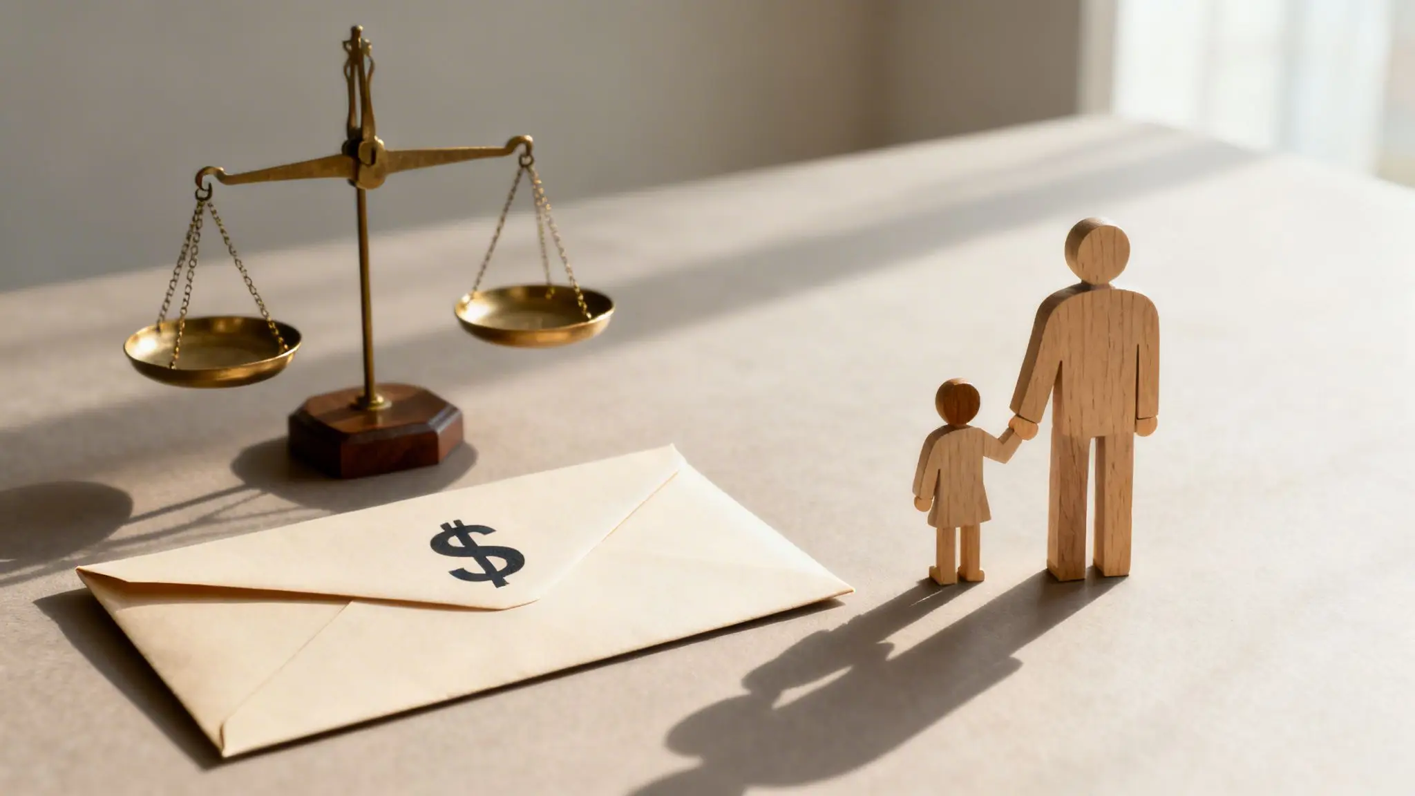 Finding Divorce Lawyers for Dads Near Me in 2026 2 A scale of justice, a dollar envelope, and wooden figures of a parent and child holding hands.