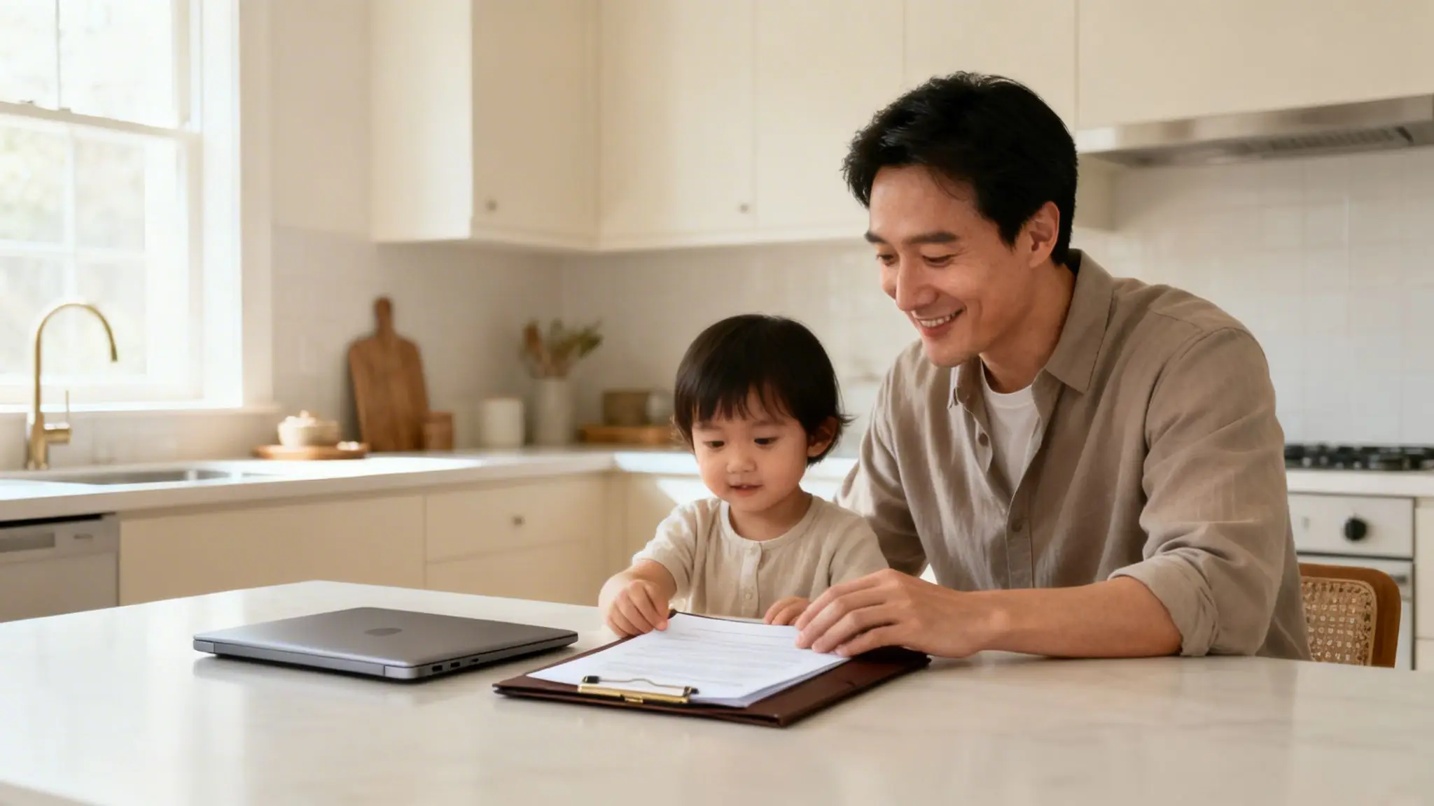 Finding Divorce Lawyers for Dads Near Me in 2026 1 A smiling father and his young child look at documents on a clipboard in a bright modern kitchen.