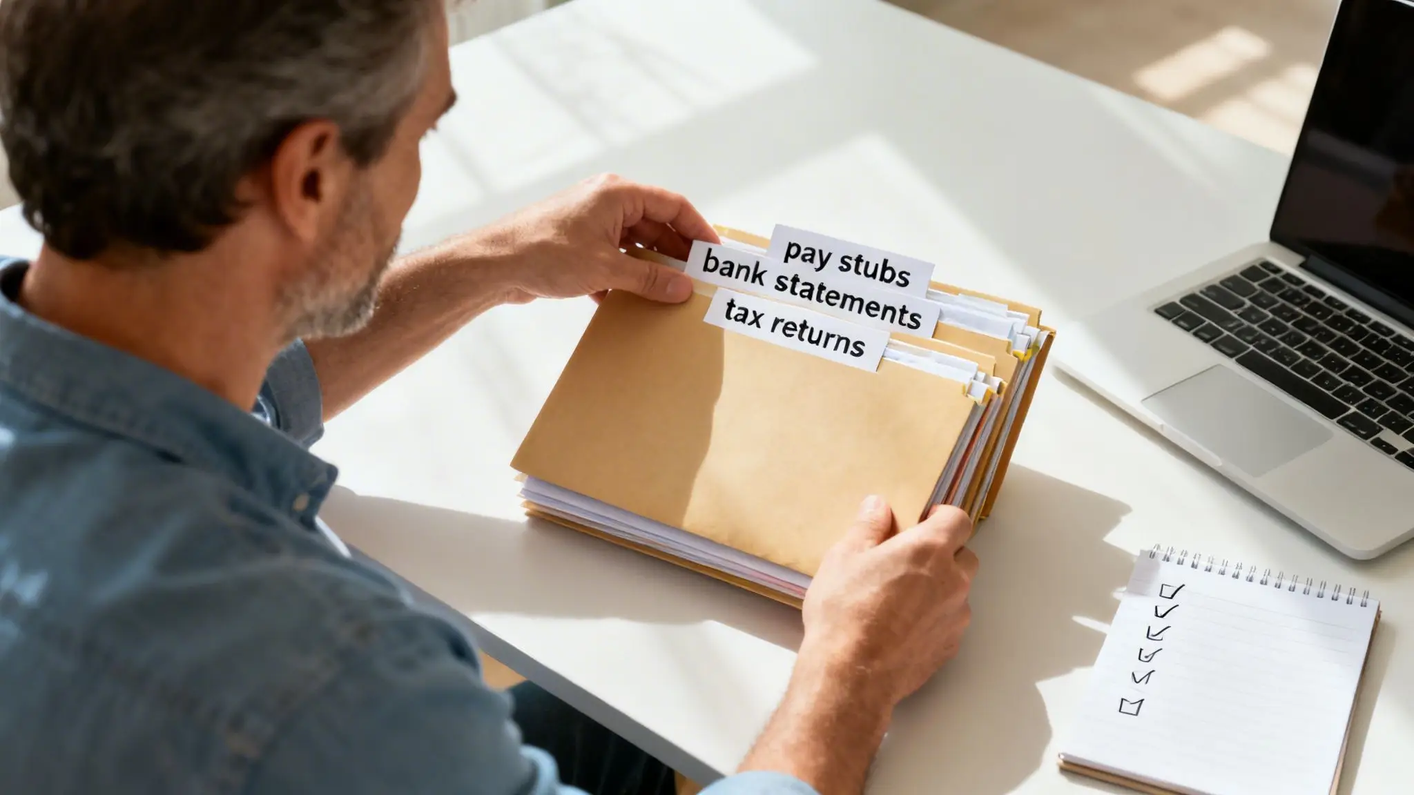 Finding Divorce Lawyers for Dads Near Me in 2026 4 A man organizing folders labeled pay stubs, bank statements, and tax returns on a desk with a laptop.