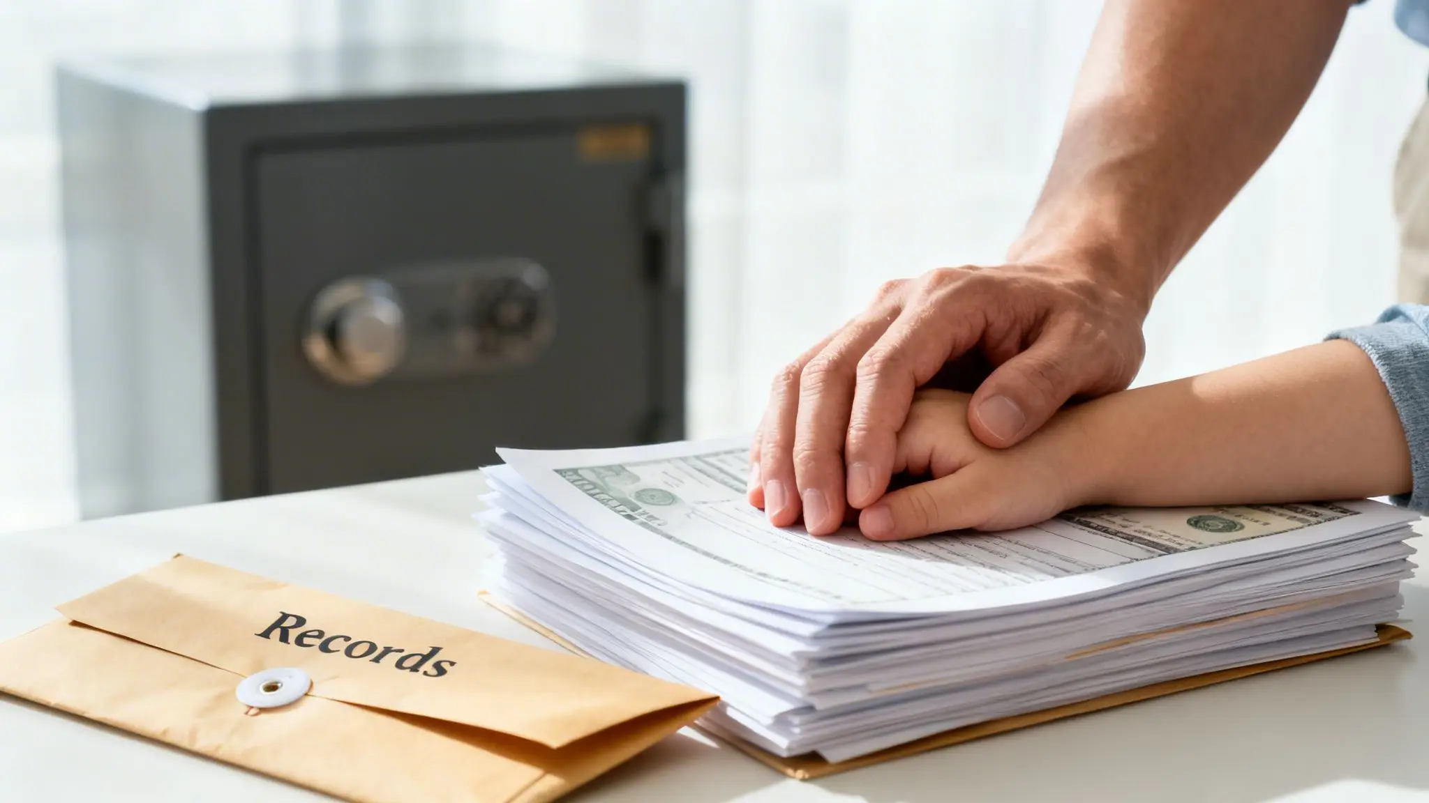 Do I Need a Divorce Lawyer? An Arkansas Guide 2 An adult and child's hands rest on a stack of documents and money, with a 'Records' envelope and safe in the background, signifying important family affairs.