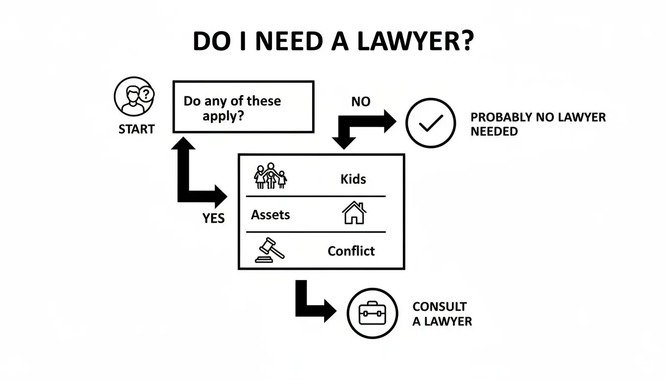 Do I Need a Divorce Lawyer? An Arkansas Guide 1 A flowchart titled 'Do I Need a Lawyer?' with decision points for kids, assets, and conflict.