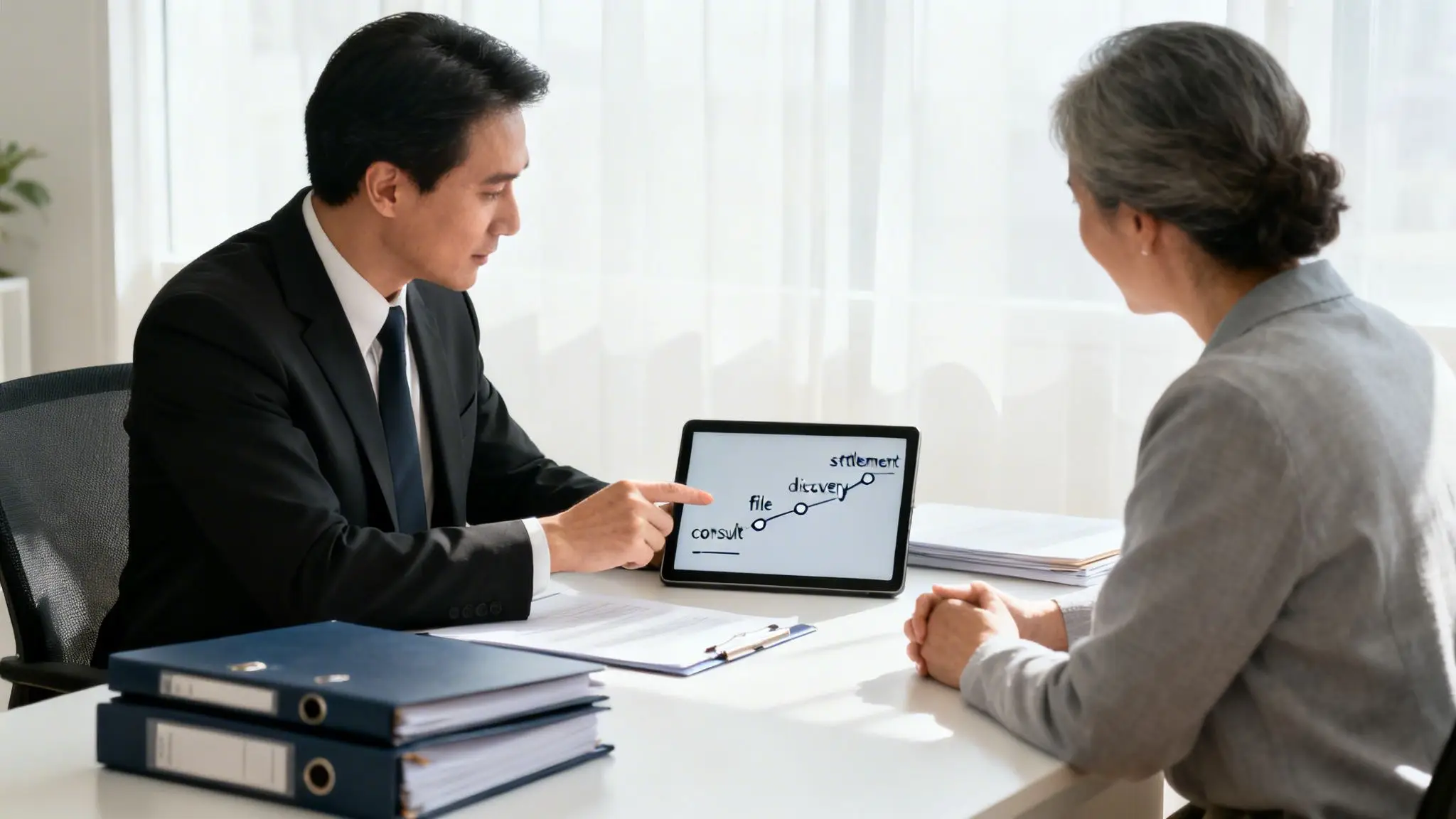 Do I Need a Divorce Lawyer? An Arkansas Guide 3 Male lawyer explaining legal process steps on a tablet to a female client.