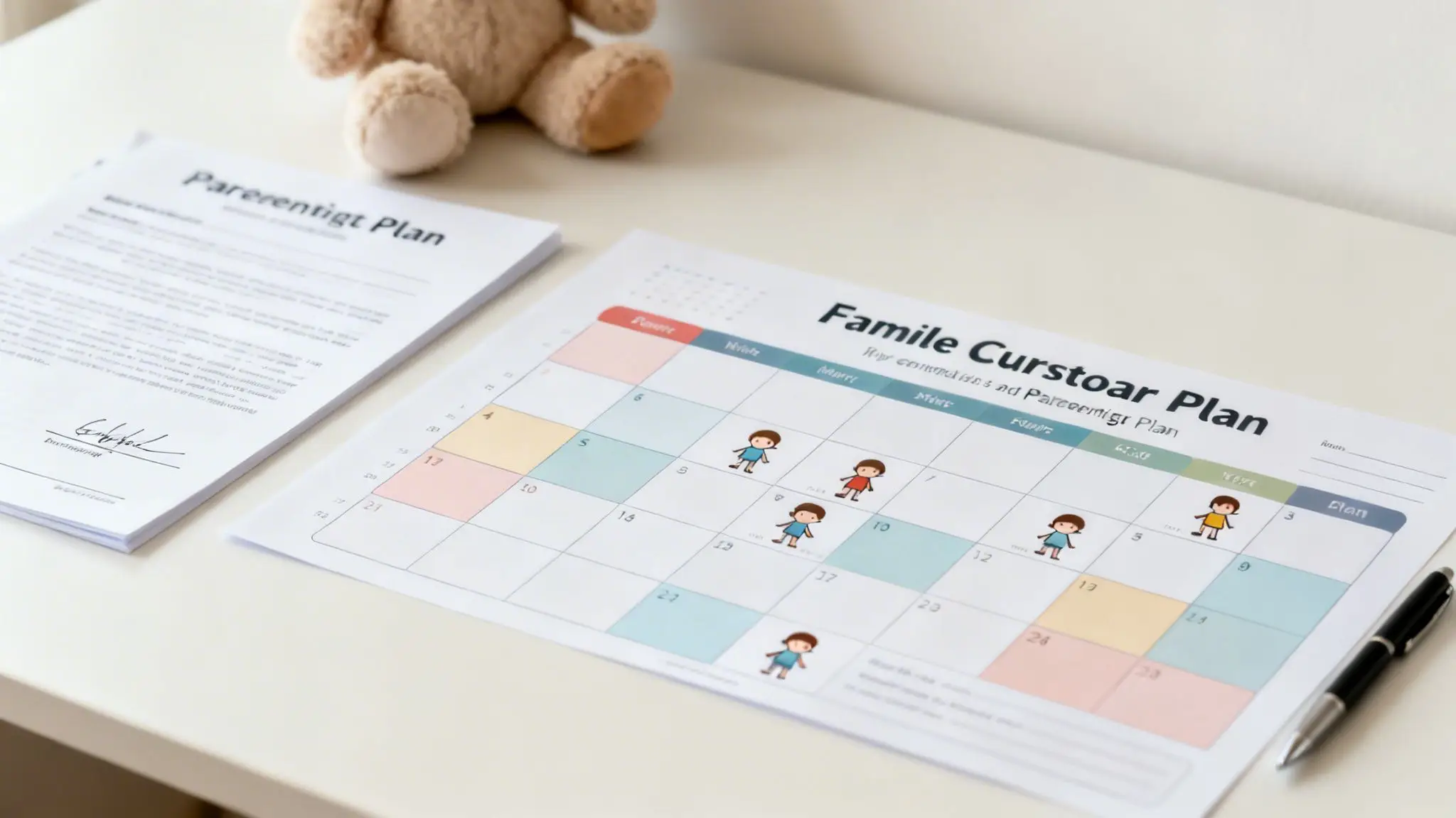 The 8 Essential Documents for a Divorce in Arkansas: A Simple Checklist 3 Documents for divorce proceedings, including a parenting plan and a child custody schedule, on a desk with a teddy bear.