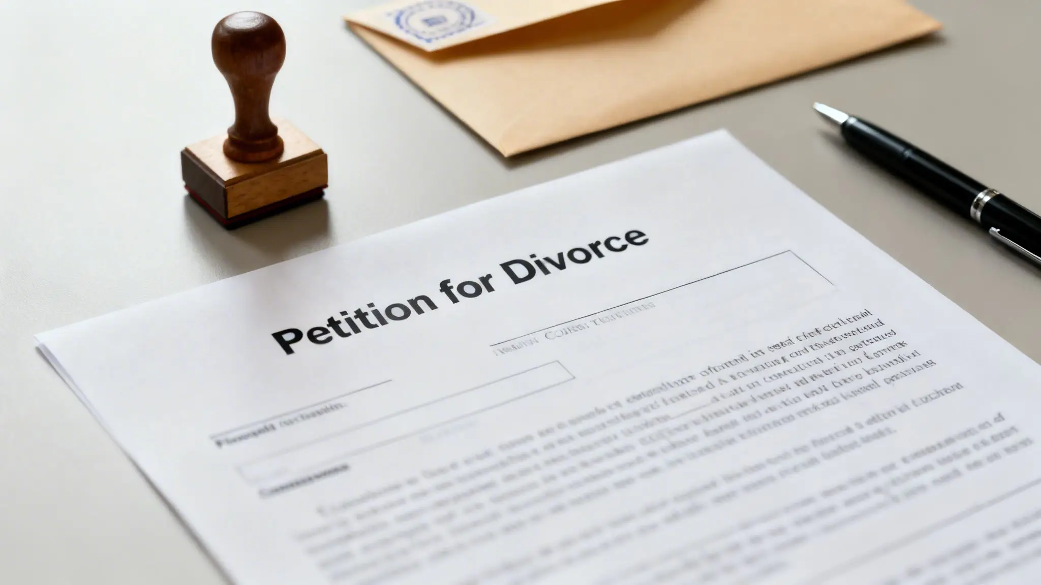 The 8 Essential Documents for a Divorce in Arkansas: A Simple Checklist 4 A close-up view of a 'Petition for Divorce' document, a wooden stamp, an envelope, and a pen on a table.