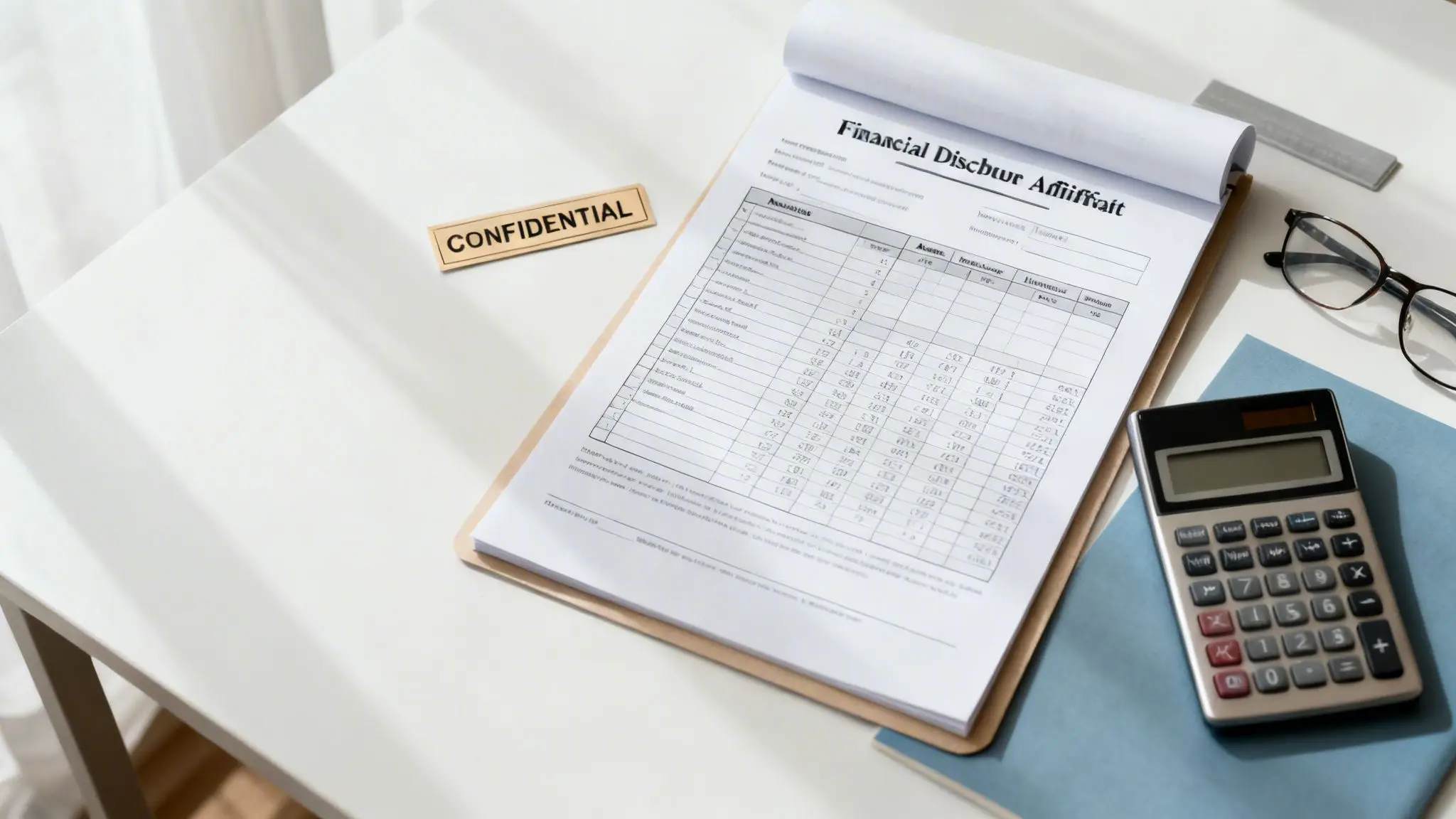 The 8 Essential Documents for a Divorce in Arkansas: A Simple Checklist 2 A financial disclosure document marked 'CONFIDENTIAL' on a desk with a calculator and glasses.