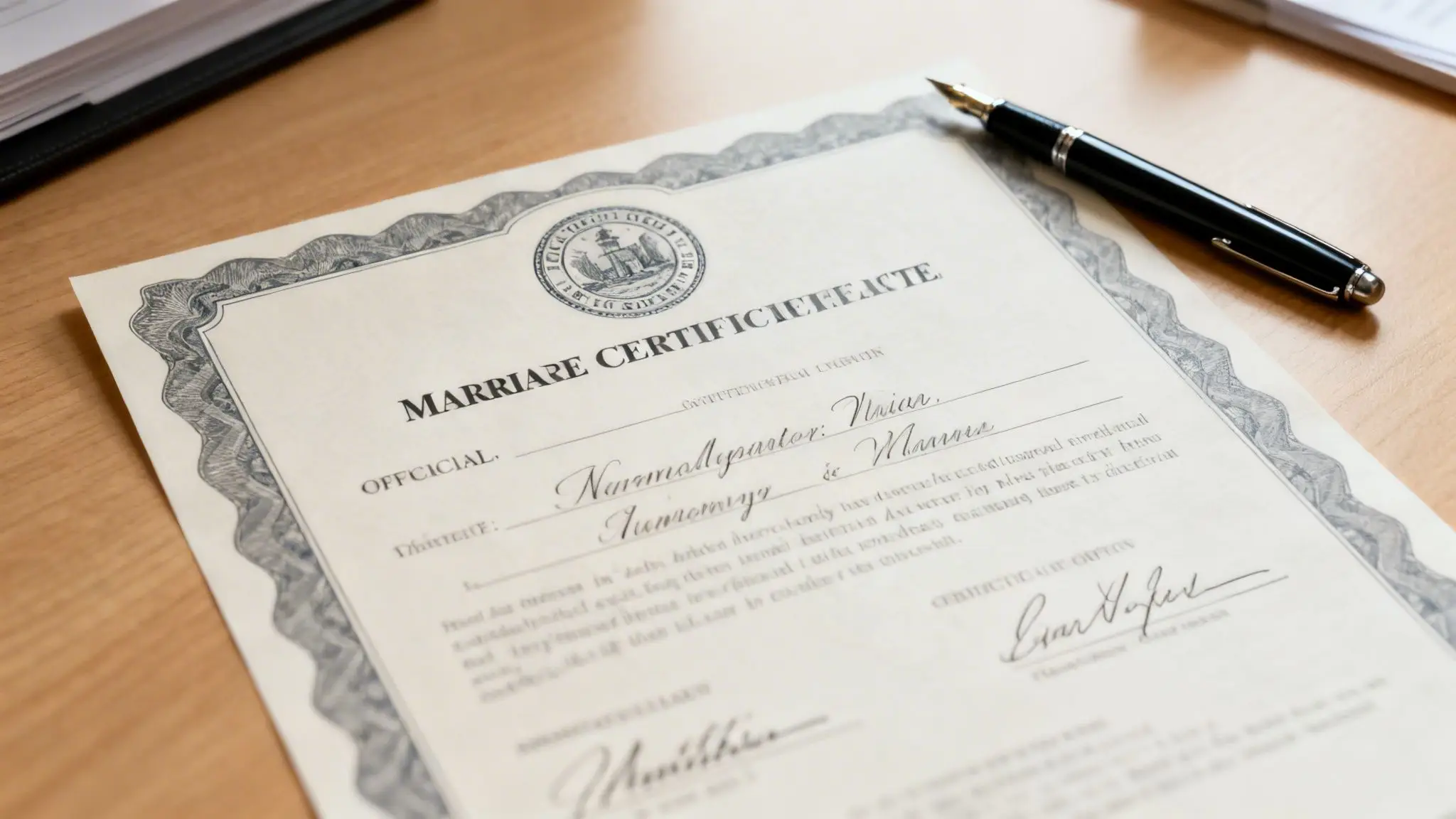 The 8 Essential Documents for a Divorce in Arkansas: A Simple Checklist 1 A close-up of a marriage certificate and an elegant fountain pen on a wooden table.