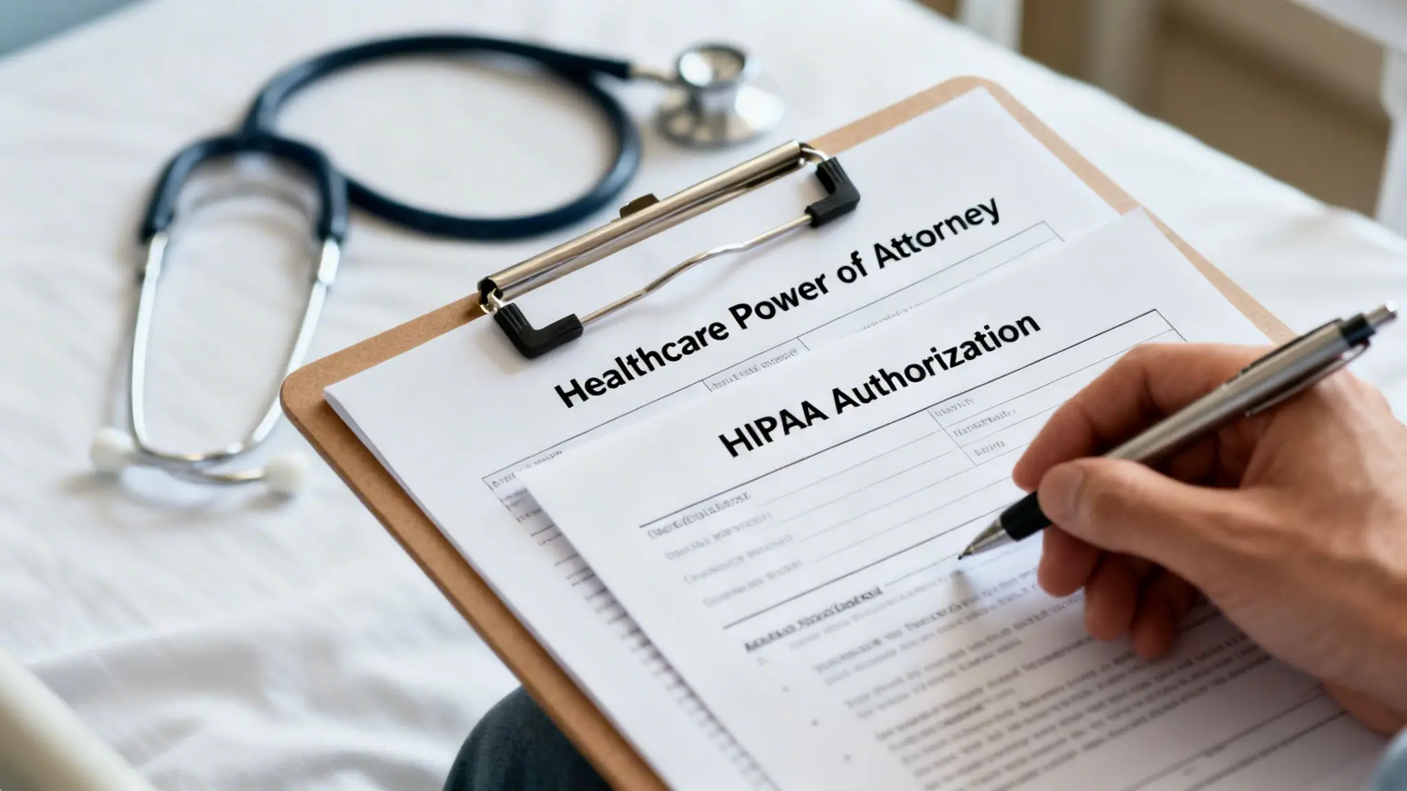 Your Complete Arkansas Estate Planning Document Checklist 3 Hand signing a Healthcare Power of Attorney and HIPAA Authorization document with a stethoscope nearby.