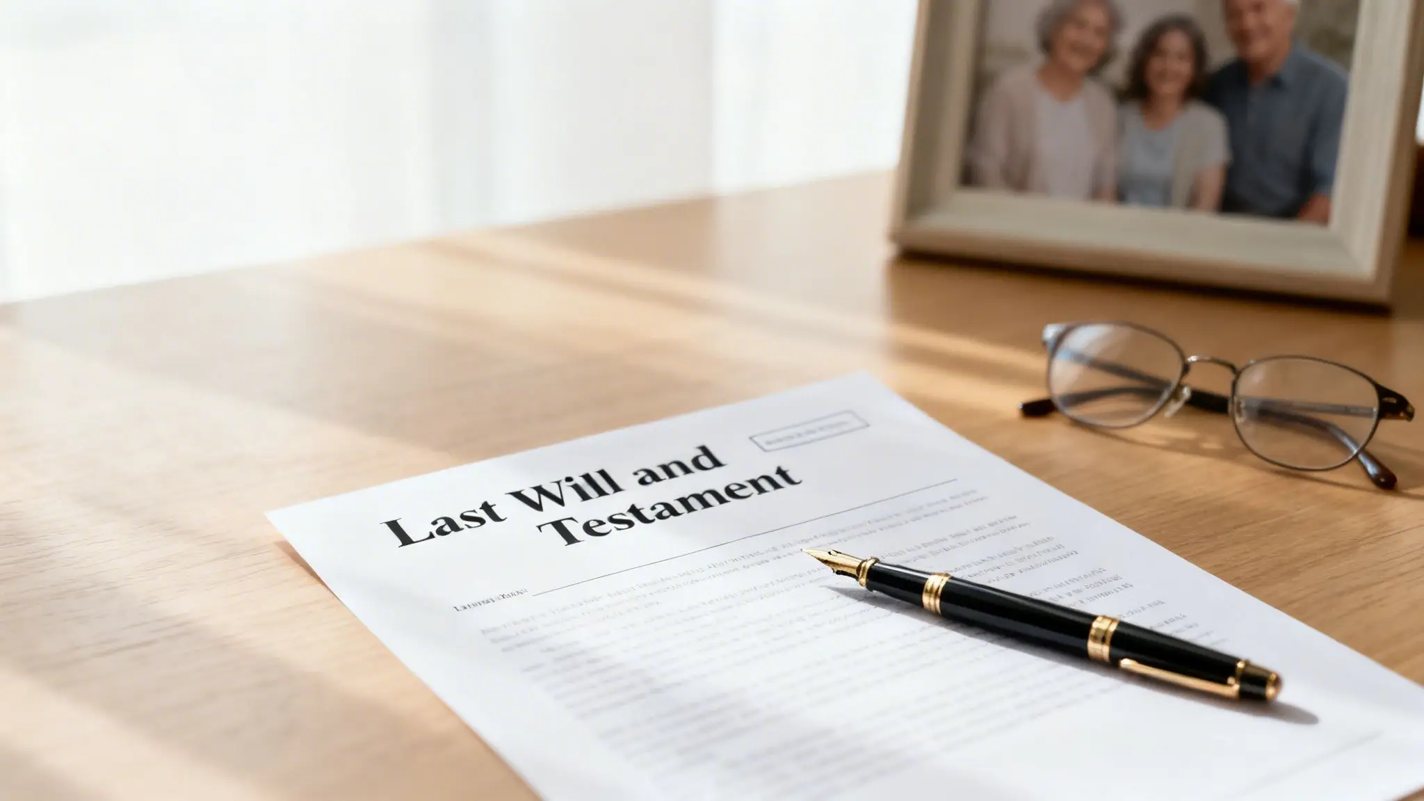Your Complete Arkansas Estate Planning Document Checklist 1 A Last Will and Testament document, a pen, and reading glasses on a wooden desk, with a blurred family photo in the background.