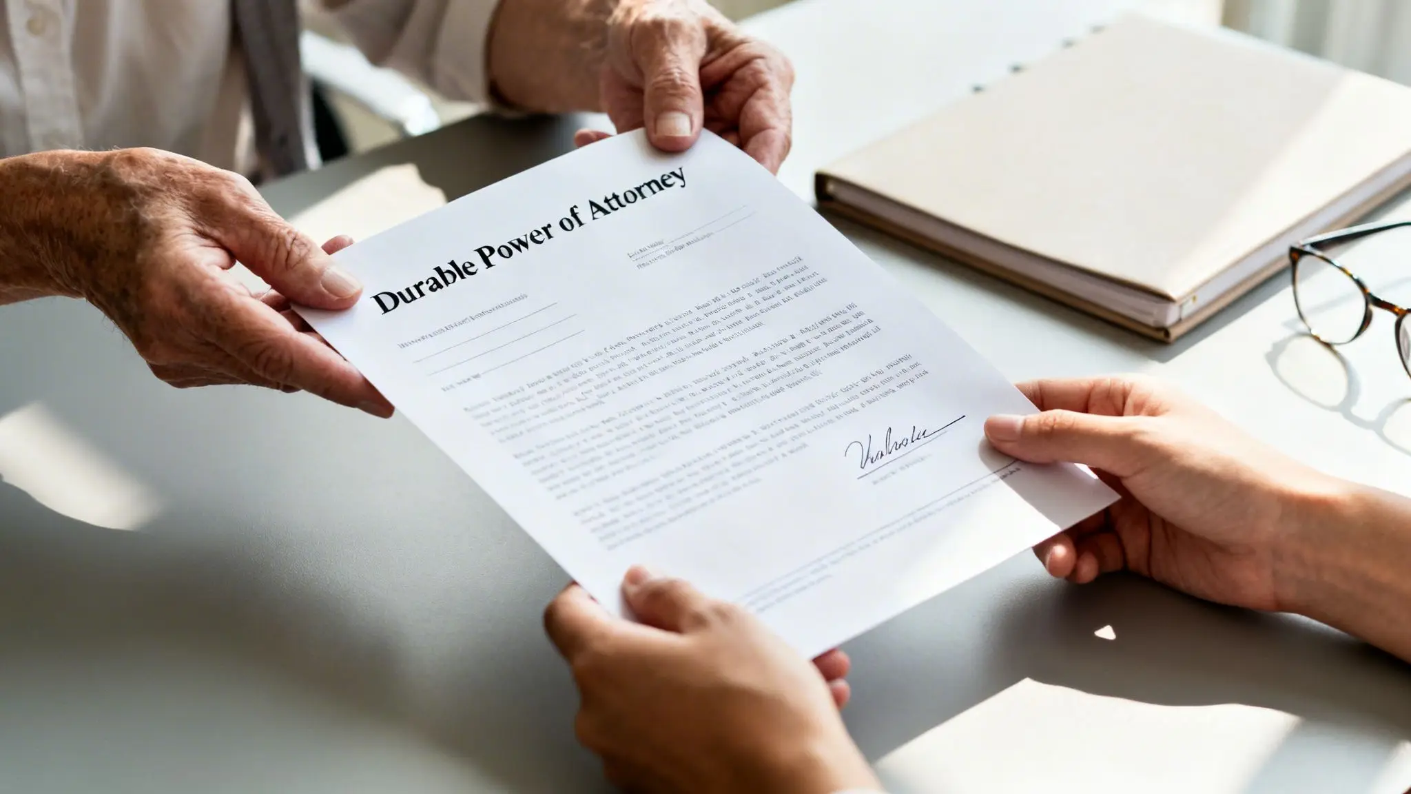 Your Complete Arkansas Estate Planning Document Checklist 2 Two hands, one older and one younger, exchanging a Durable Power of Attorney legal document.