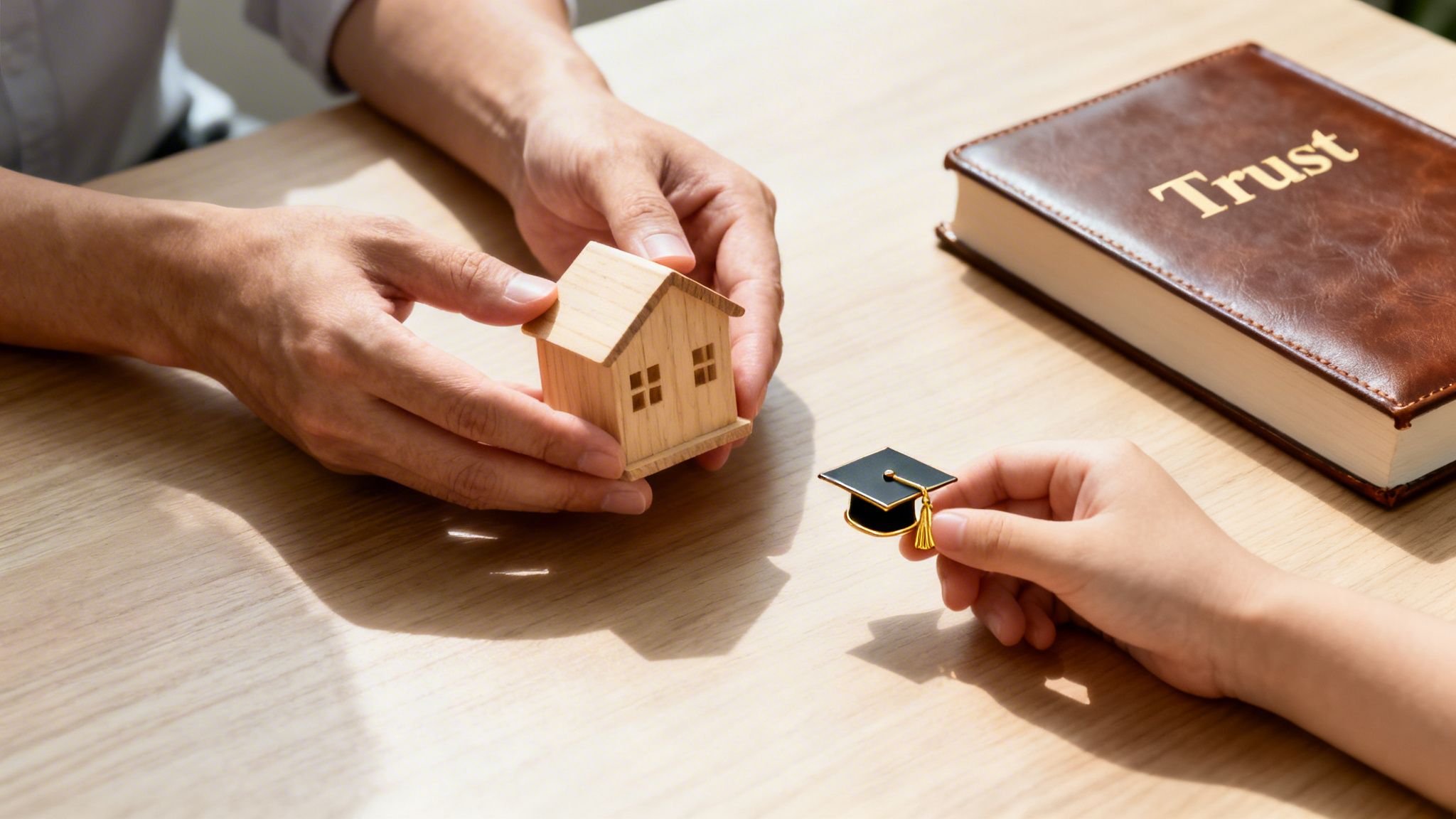 Estate Planning for Single Parents: A Guide to Securing Your Child's Future in Arkansas 3 Hands exchanging a wooden house model and a graduation cap, near a book labeled 'Trust'.
