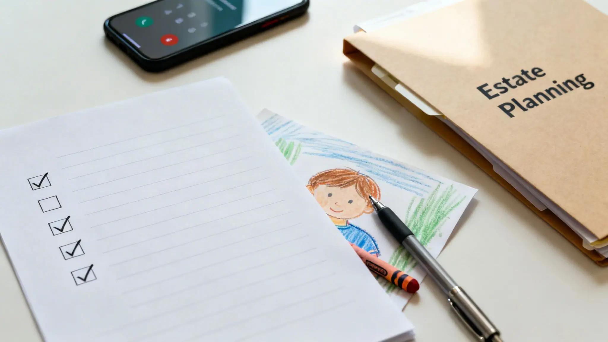 Estate Planning for Single Parents: A Guide to Securing Your Child's Future in Arkansas 4 Overhead view: Estate Planning folder, checklist, child's drawing, pen, and smartphone, representing future family plans.