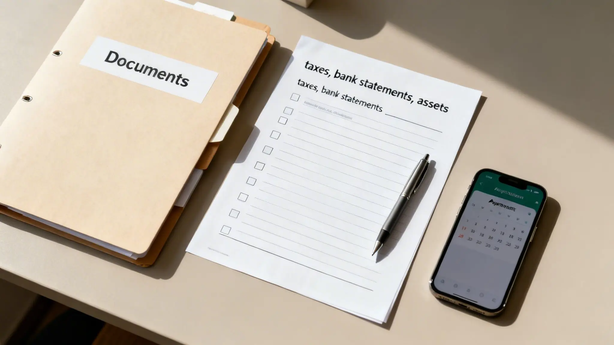 Your Guide to a Family Law Divorce Attorney in Arkansas 3 A desk with a 'Documents' folder, a checklist for taxes and assets, a pen, and a smartphone.