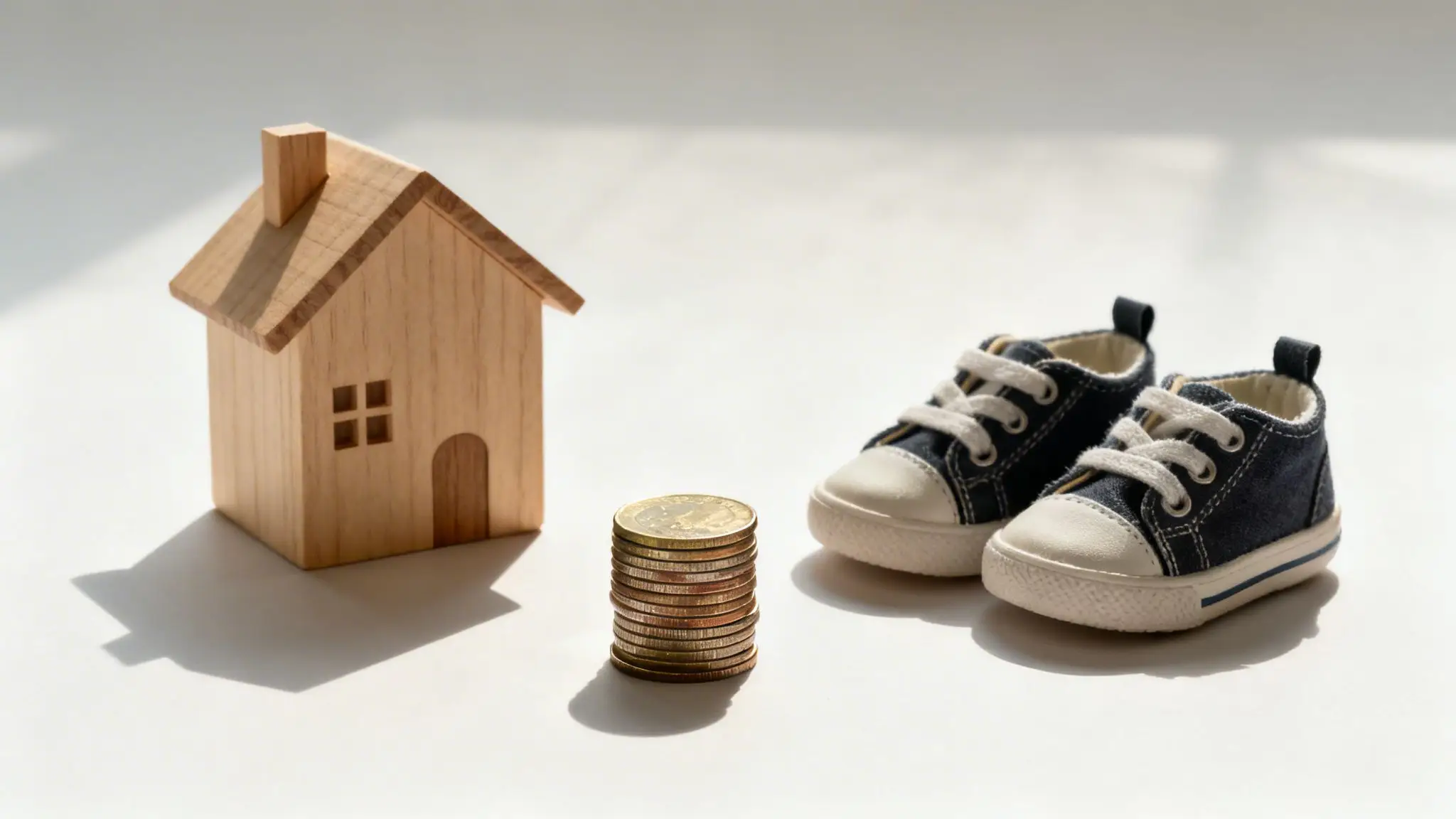 Your Guide to a Family Law Divorce Attorney in Arkansas 2 A miniature wooden house, stacked coins, and blue baby shoes on a bright white surface.