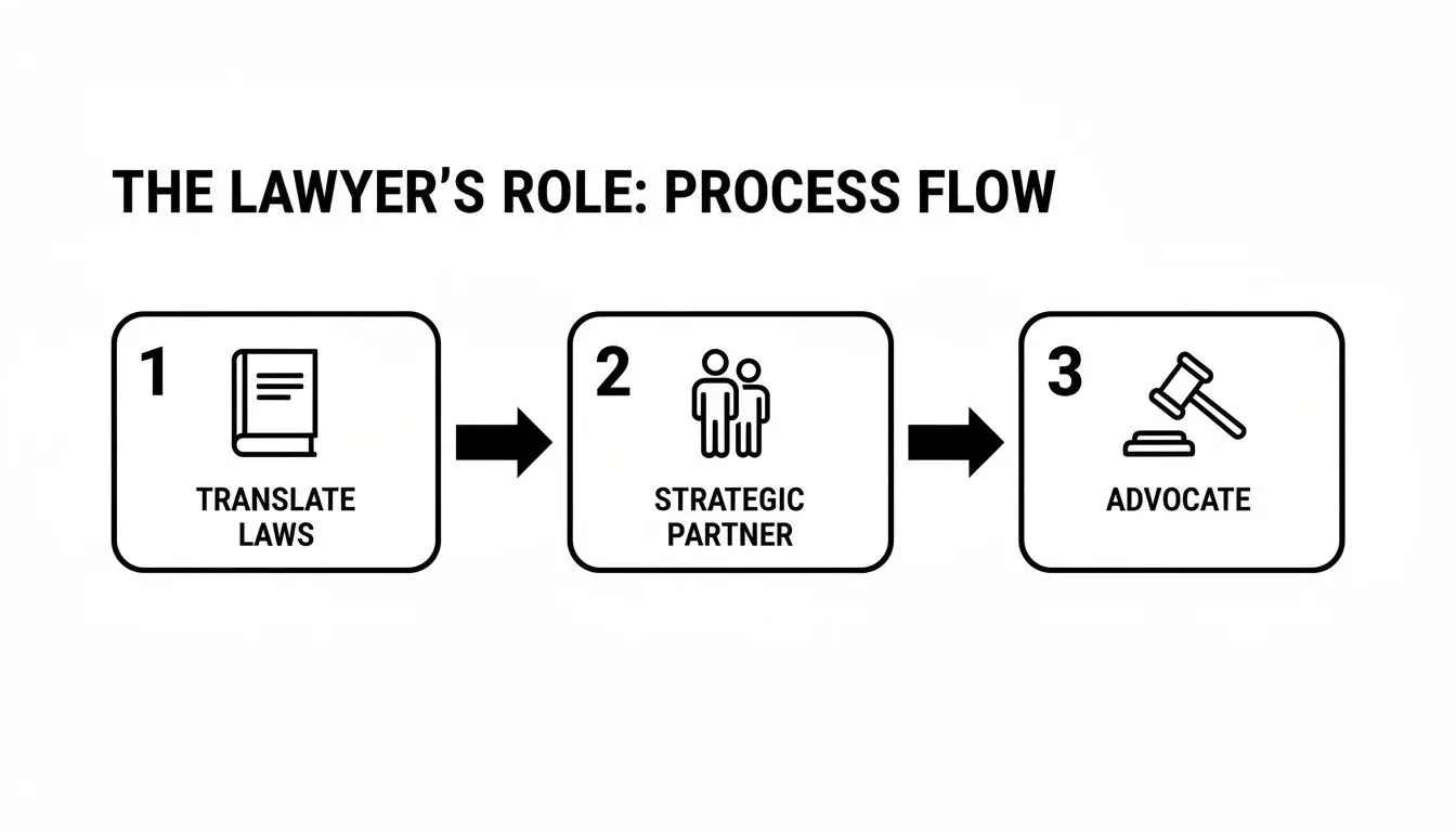 Your Guide to a Family Law Divorce Attorney in Arkansas 1 A three-step process flow illustrating the lawyer's role: translate laws, strategic partner, and advocate.