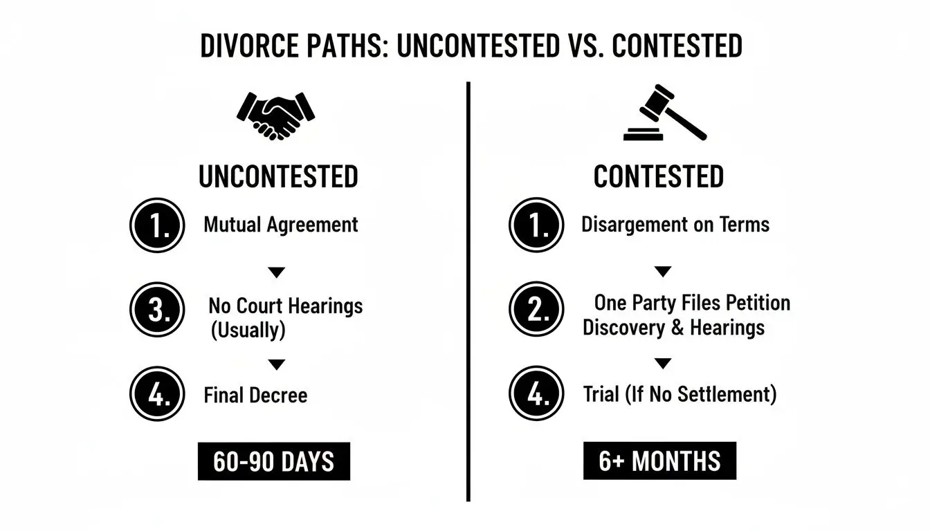 How Long Does a Divorce Take in Arkansas? 3 Flowchart comparing the steps and timelines for uncontested (60-90 days) and contested (6+ months) divorce processes.