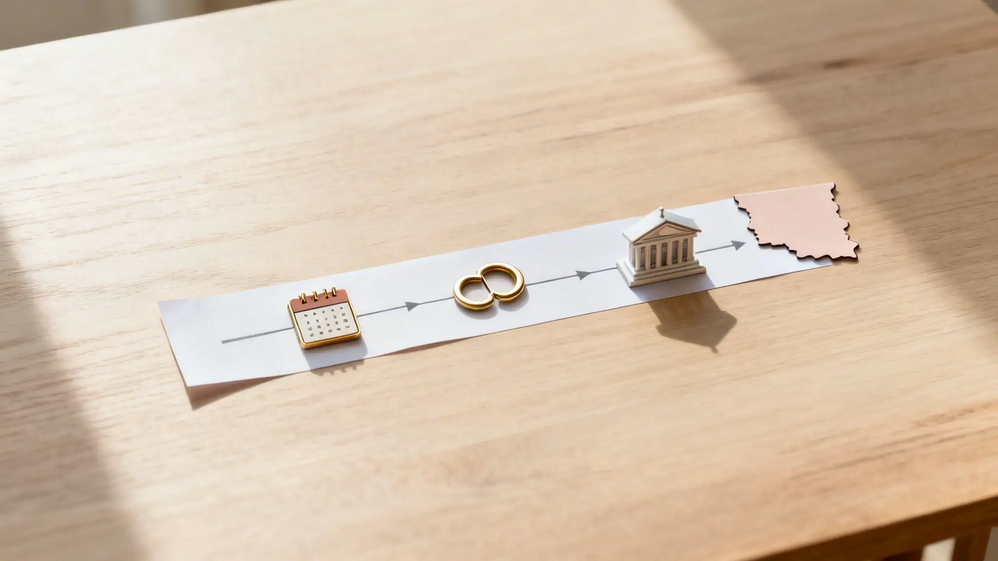 How Long Does a Divorce Take in Arkansas? 1 Timeline showing a calendar, wedding rings, a courthouse model, and torn paper, symbolizing a divorce process.