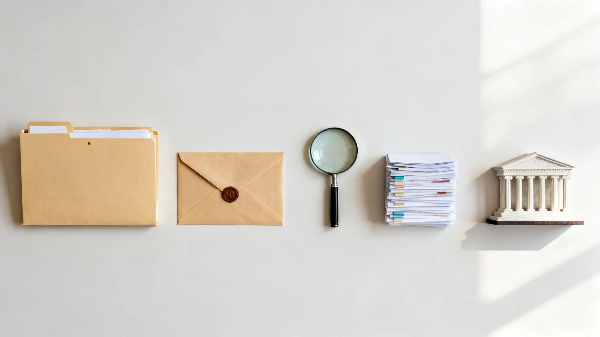 How Long Does a Divorce Take in Arkansas? 2 Flat lay of legal documents, a sealed envelope, magnifying glass, and a courthouse model.