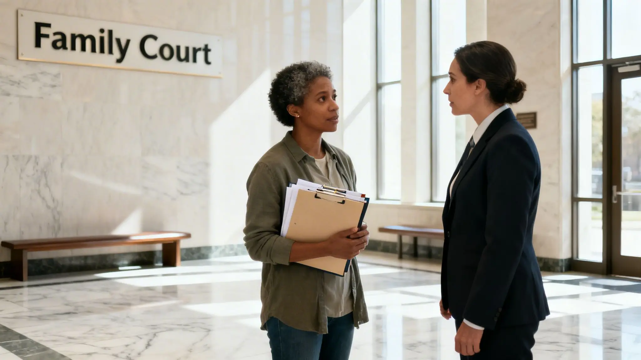 How to Get Supervised Visitation in Arkansas 4 Two women, one with documents, converse in the bright hall of Family Court.