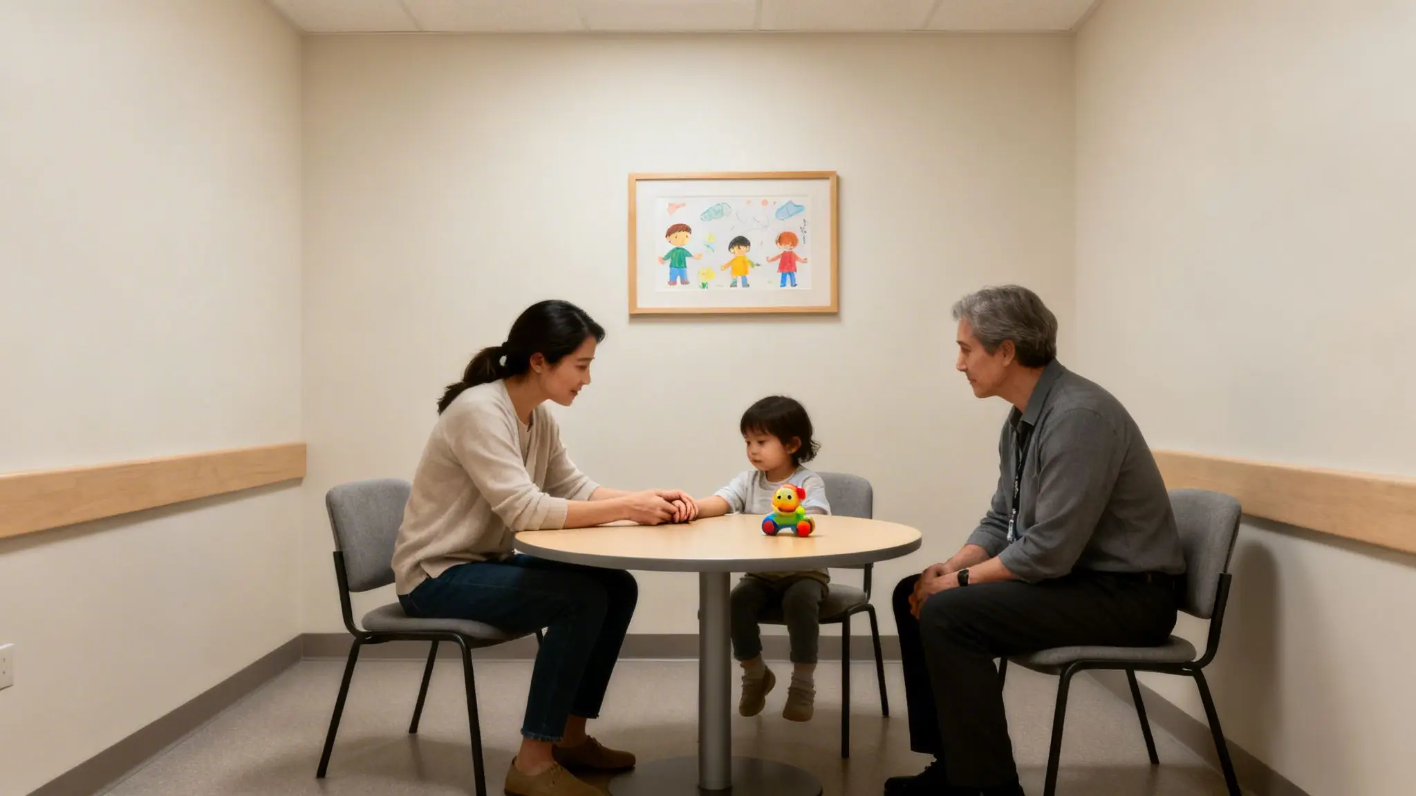 How to Get Supervised Visitation in Arkansas 1 A woman, child, and man sit at a table, possibly for a supervised visit.