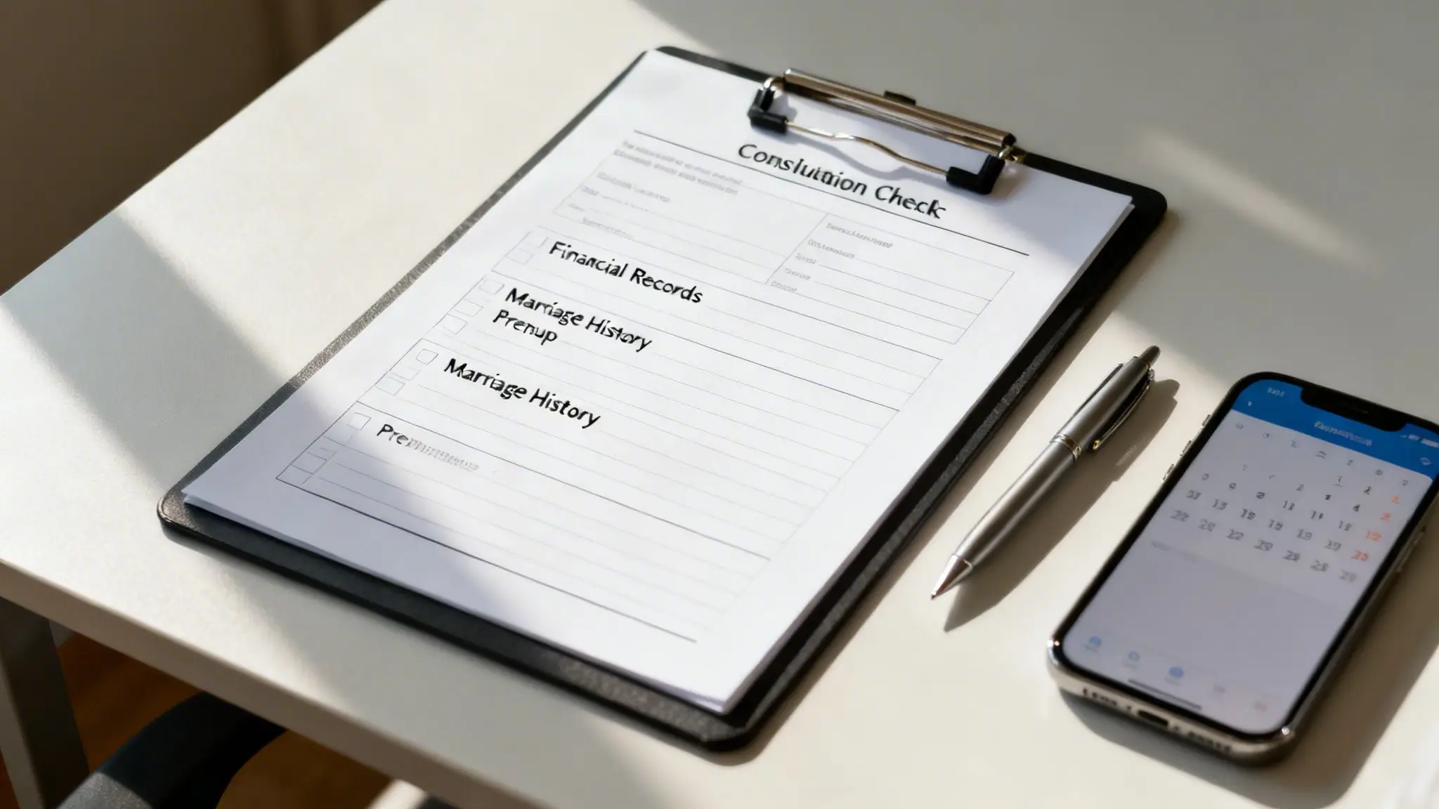 Male Divorce Lawyers Near Me: A Guide for Men in Arkansas 2 A 'Consultation Check' form on a clipboard, a pen, and a smartphone showing a calendar on a desk.