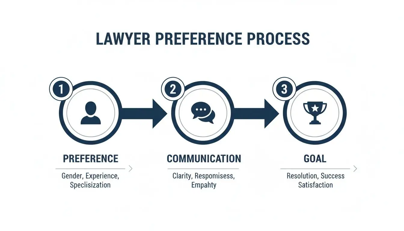 Male Divorce Lawyers Near Me: A Guide for Men in Arkansas 1 Infographic illustrating the lawyer preference process in three steps: preference, communication, and goal.