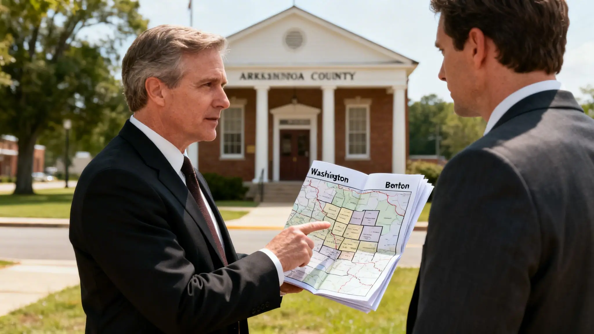 Male Divorce Lawyers Near Me: A Guide for Men in Arkansas 3 Two male lawyers in suits discuss a map in front of a county building on a sunny day.